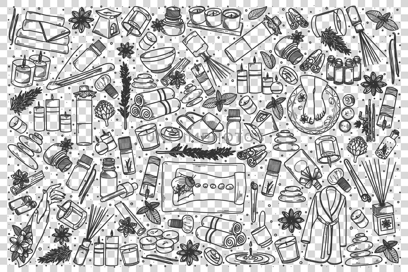 Aromatherapy doodle set. Collection of hand drawn sketches templates patterns drawings of oils moisturizers and yoga practicing massage on transparent background. Healthy lifestyle and skincare.