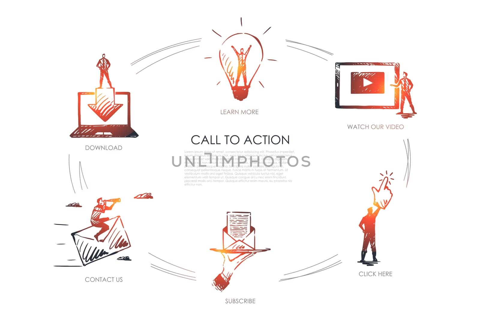 Call to action, learn more, watch our video, click here, subscribe, contact us vector set