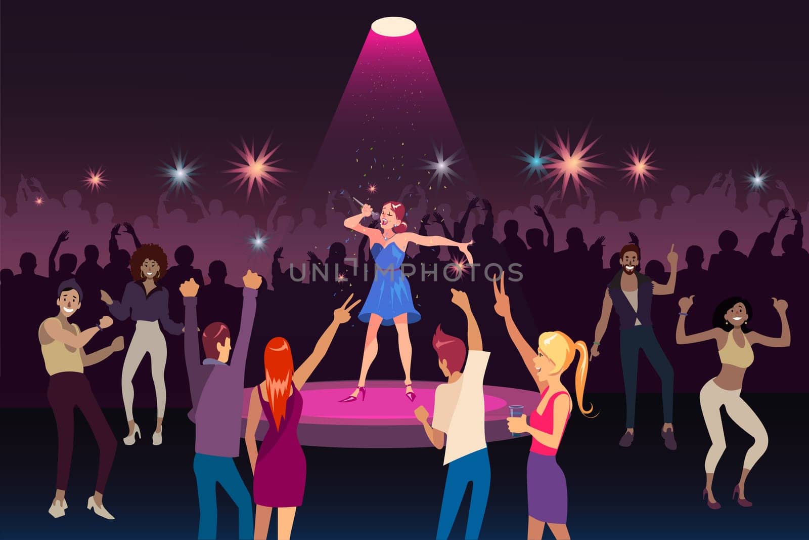 Concert performance, disco party with modern music, nightlife youth event concept. Young woman singing on stage of nightclub, people dancing, crowd on dance floor. Simple flat vector