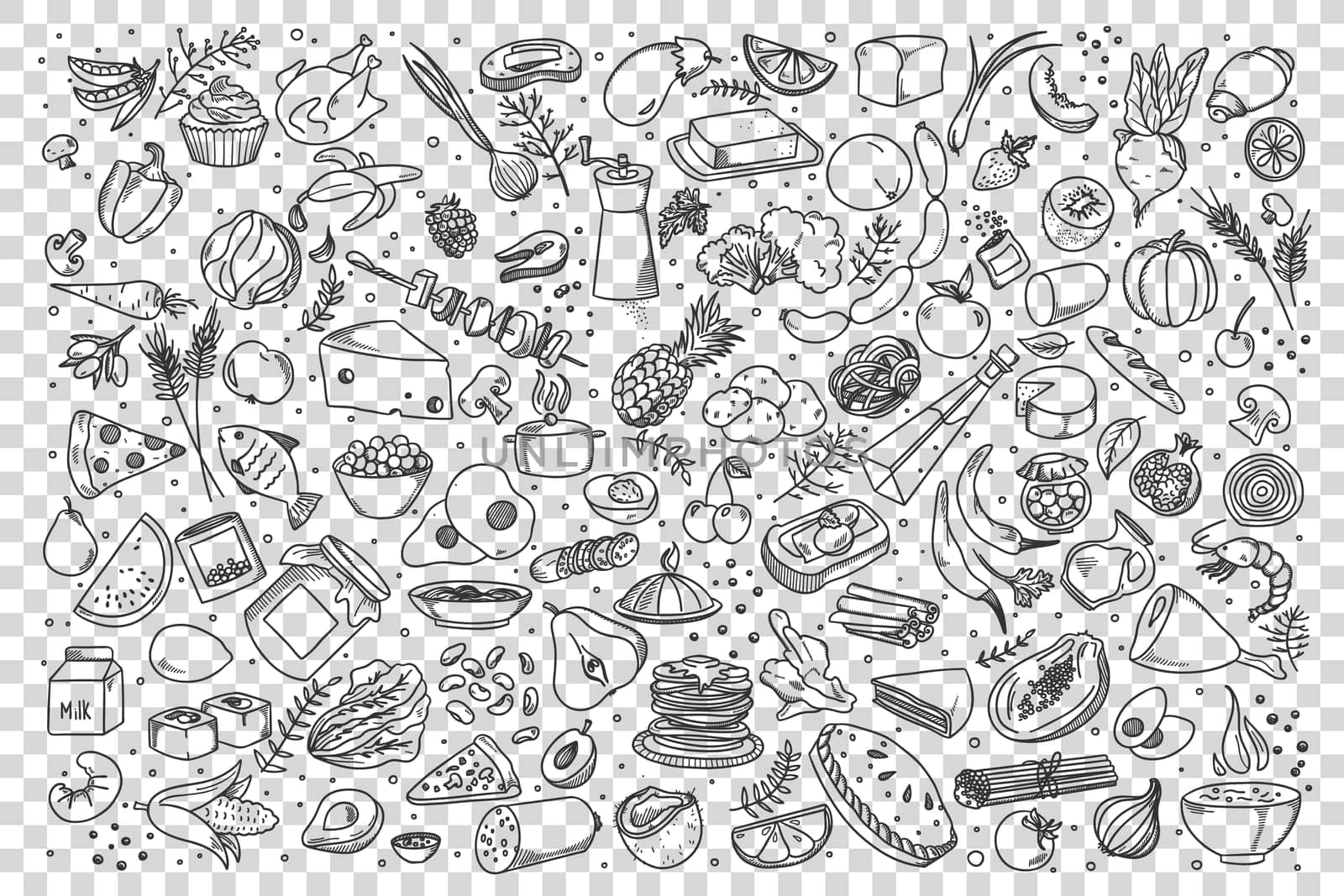Food doodle set. Collection of hand drawn sketches templates of various different kind of meal. Meat pizza fish and fast food burger sandwitch or healthy vegetables and fruits illustration.