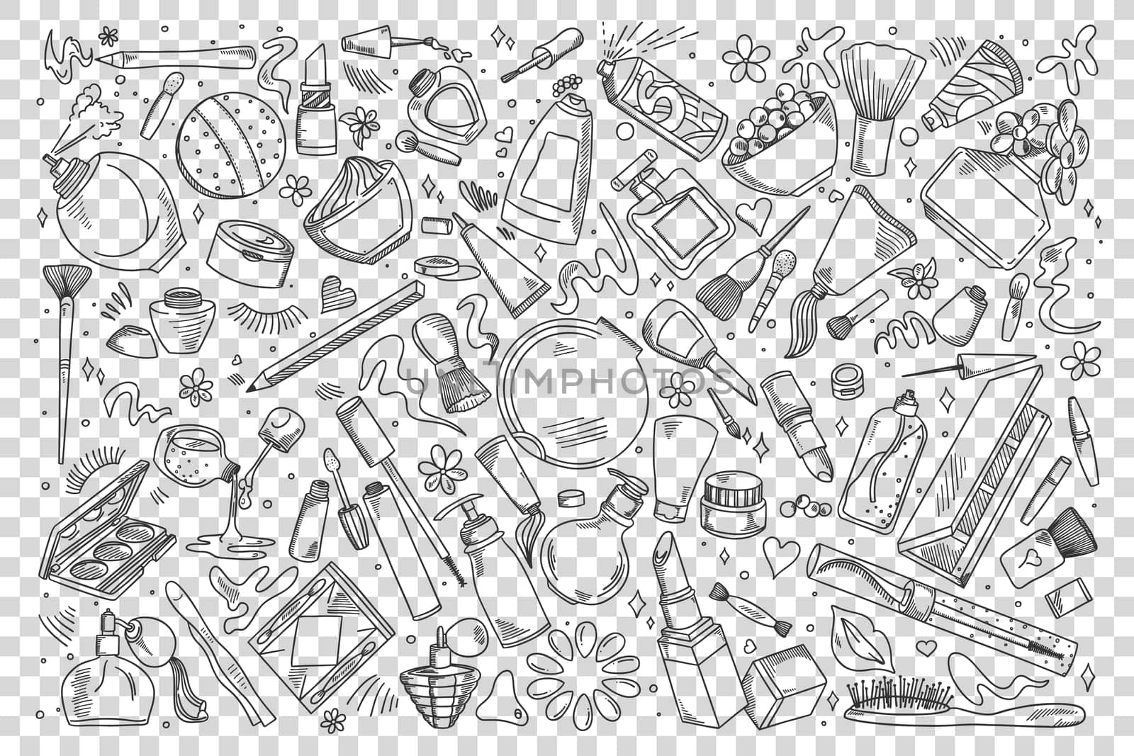 Cosmetics dodle set. ollection of hand drawn sketches templates patterns drawings of oils moisturizers and creams for make up on transparent background. Healthy lifestyle and skincare.