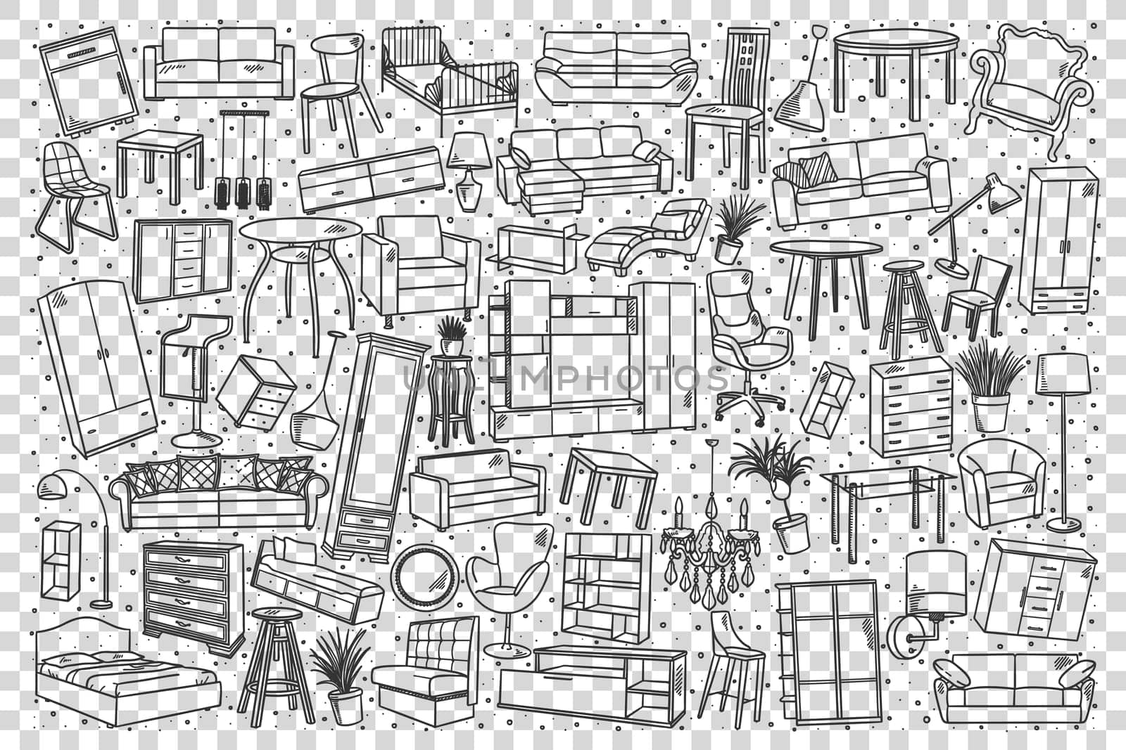 Furniture doodle set. Collection of hand drawn sketches template pattern of room home objects sofa couch chair wardrobe on transparent background. Equipment for people houses interior illustration