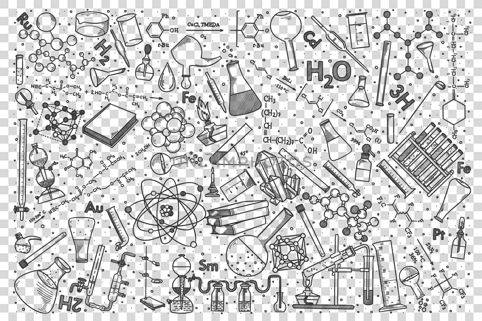 Chemistry doodle set. Collection of hand drawn sketches templates drawing patterns of chemical elements and formulae flasks or tubes with reagents . Back to school and education illustration.