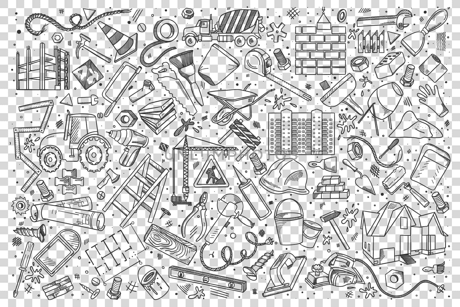 Buliding doodle set. Industrial equipment illustration. Collection of hand drawn sketches templates patterns of different work tools or instruments screwdriver pliers spanner hammer and wrench