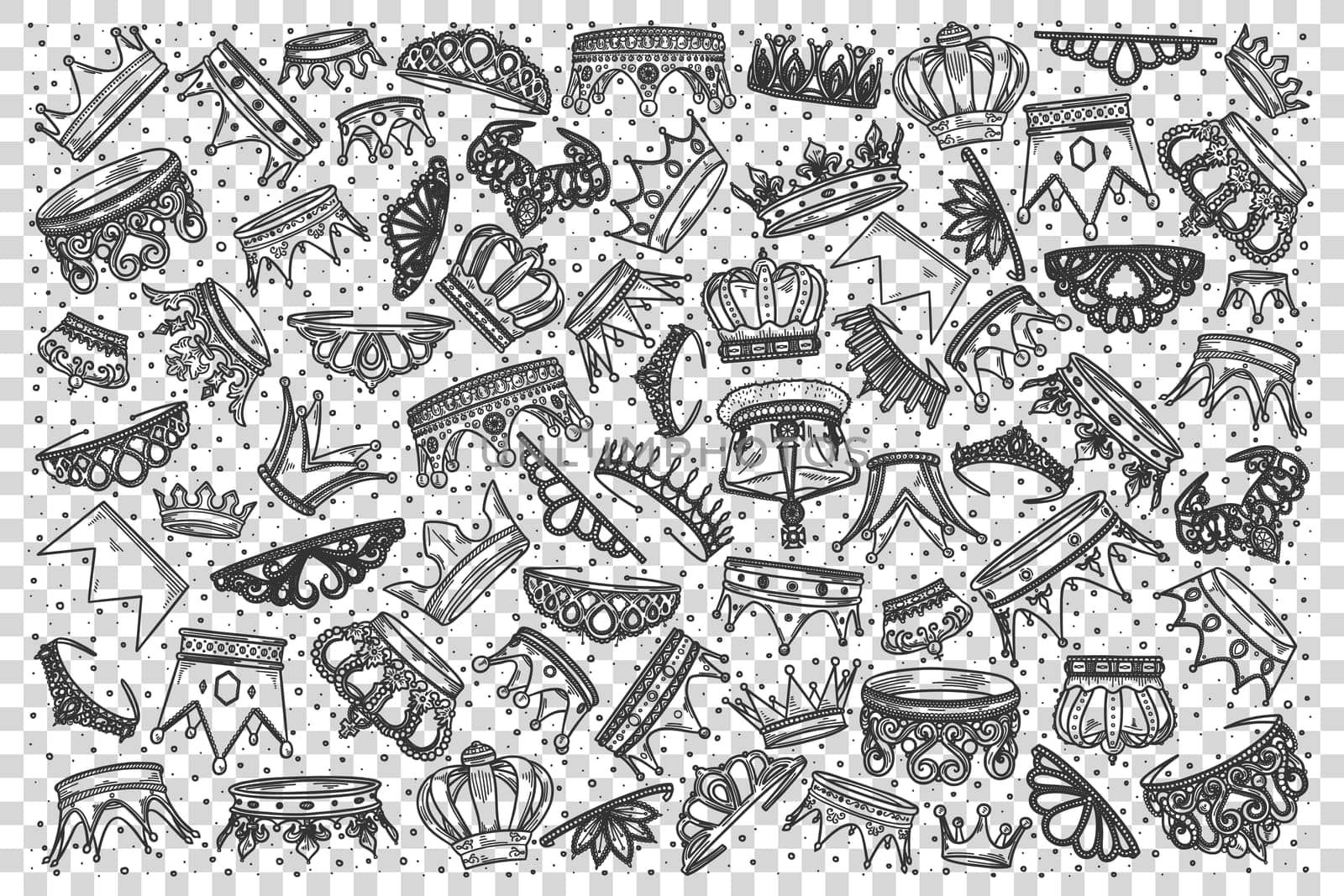 Crowns doodle set. Collection of hand drawn templates sketches patterns king tiaras or queen royal diadems illustration. Prince or princess luxurious head accessories on transparent background.