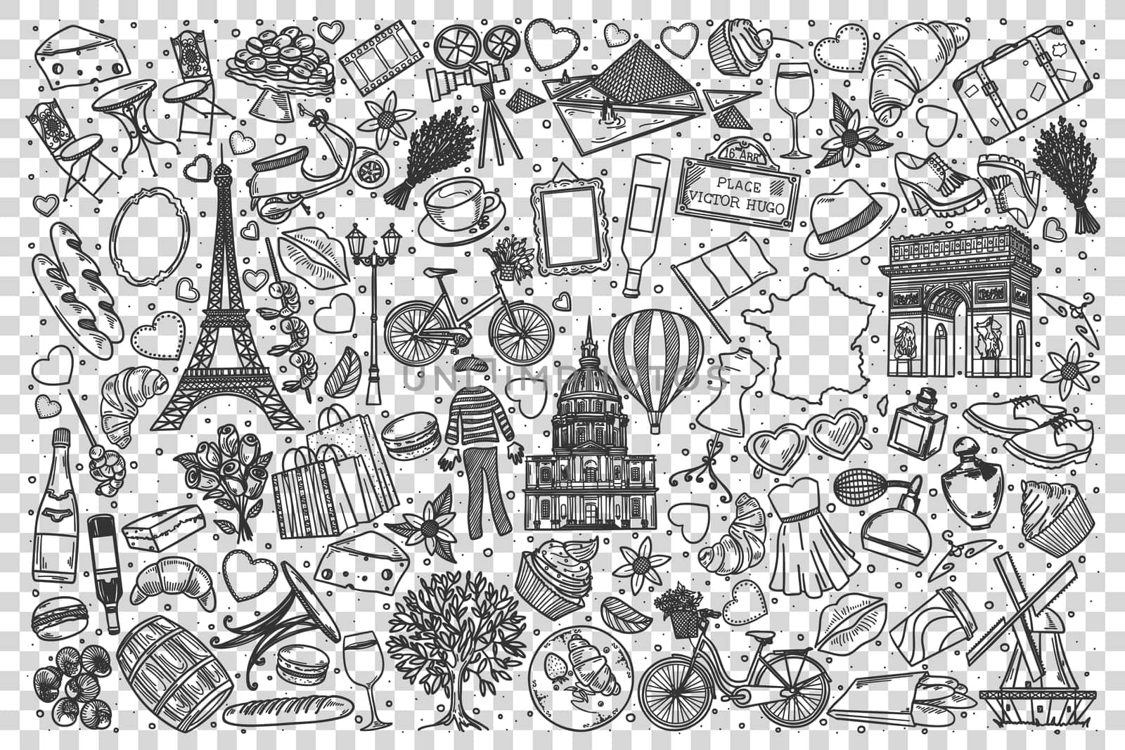 France doodle set. Collection of hand drawn sketches templates of french culture architecture and national cuisine transparent background. European country of franks tratidions illustration.