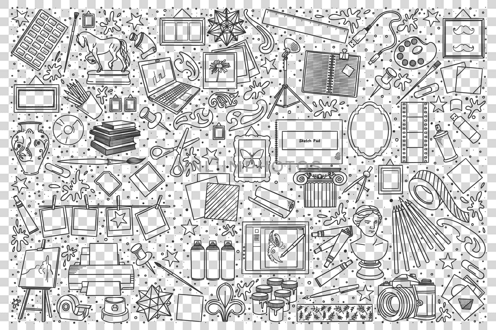Art doodle set. Collection of hand drawn sketches templates drawing patterns of diiferent tools stuff for drawing or sculpture music and photographing. Creative oocupation illustration