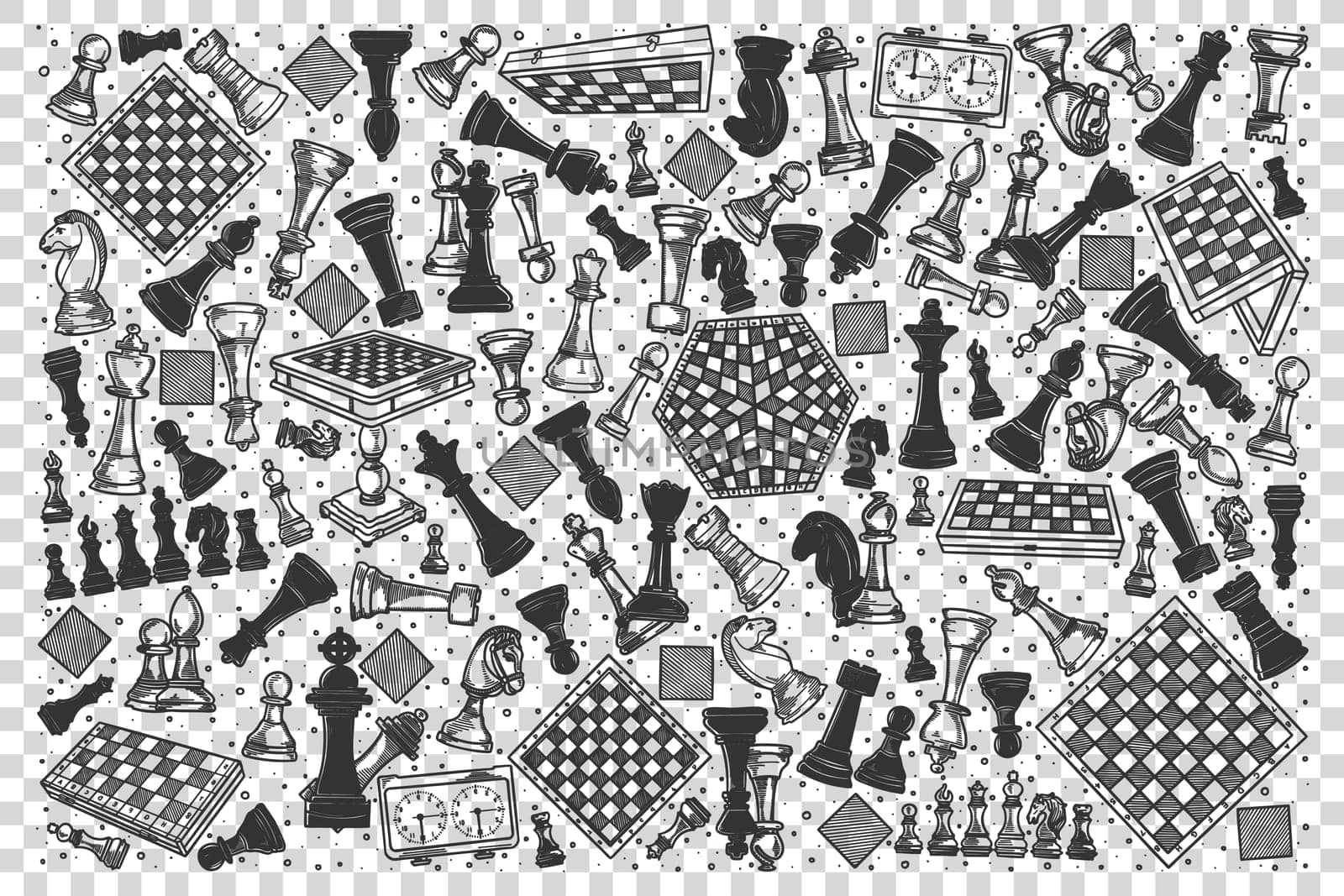 Chess doodle set. Collection of hand drawn sketches templates of pawn kings queens bishop on chessboard on transparent background. Intellectual strategy and mental game illustration.