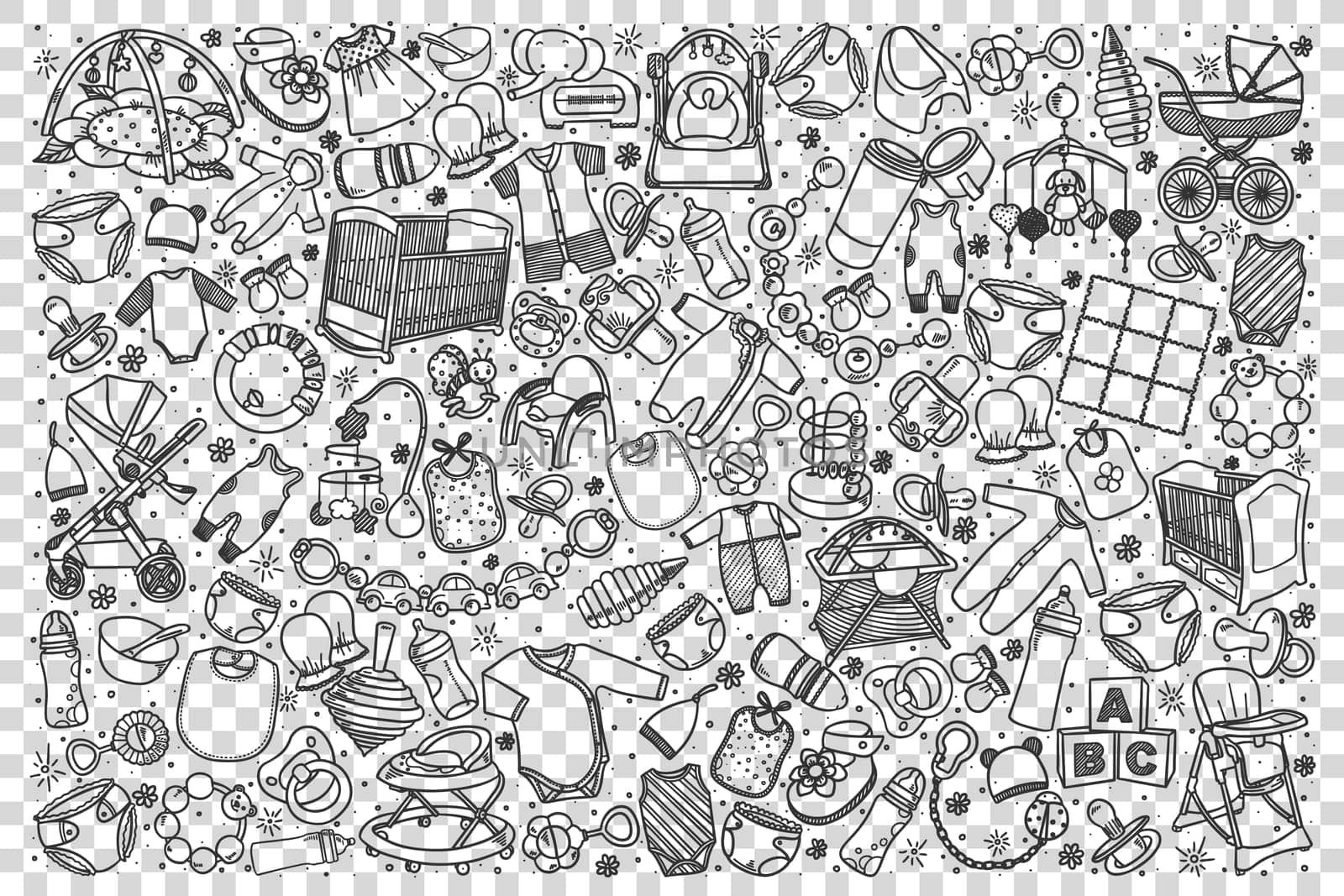 Baby shop doodle set. Collection of chalk pencil pen hand drawn sketches templates drawing patterns of different clothing for kids and newborns children infants. Childhood illustration.