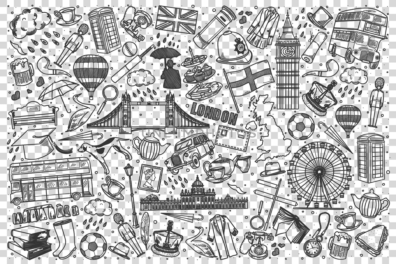 England doodle set. Collection of hand drawn sketches templates of english United Kingdom culture architecture and national cuisine transparent background. Anglo saxon country tratidions illustration.