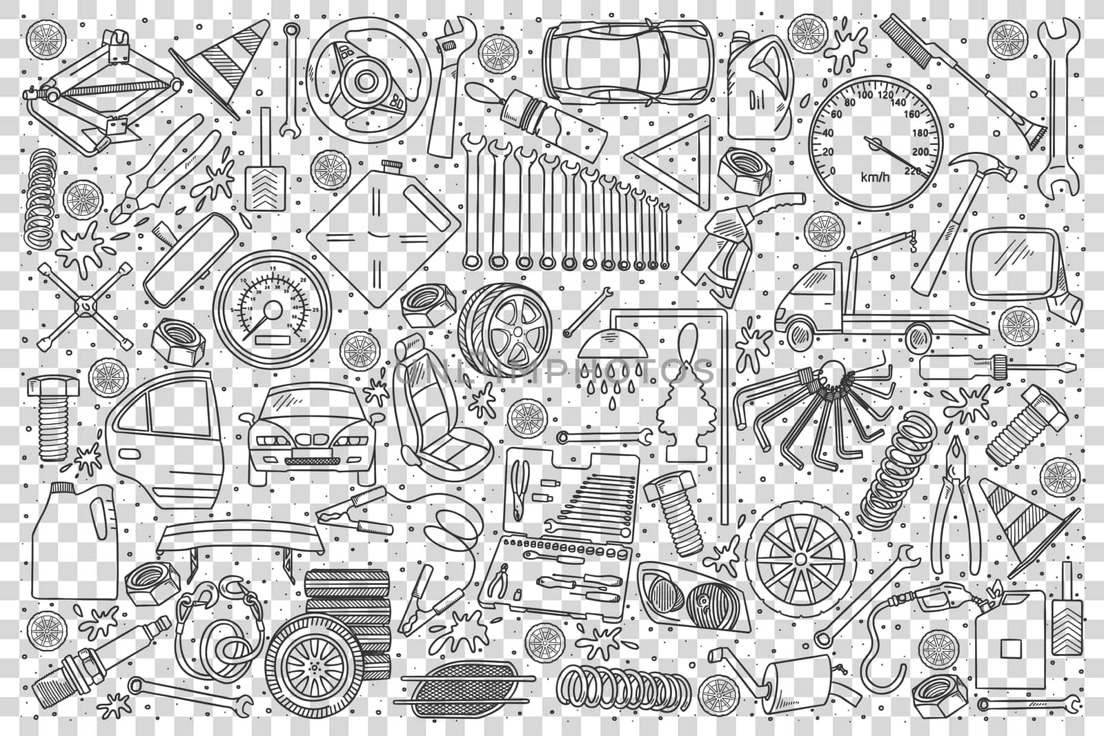 Car service doodle set. Collection of hand drawn sketches templates of parts of automobile and transport vehicles on transparent background. Transportation and maintenance repair illustration.