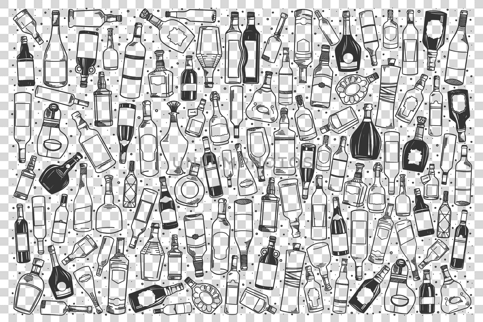 Alcohol doodle set. Collection of pencil chalk hand drawn drawing sketches templates of alcoholic beverages whiskey vodka wine rum champagne on transparent background. Bad habit addiction illustration