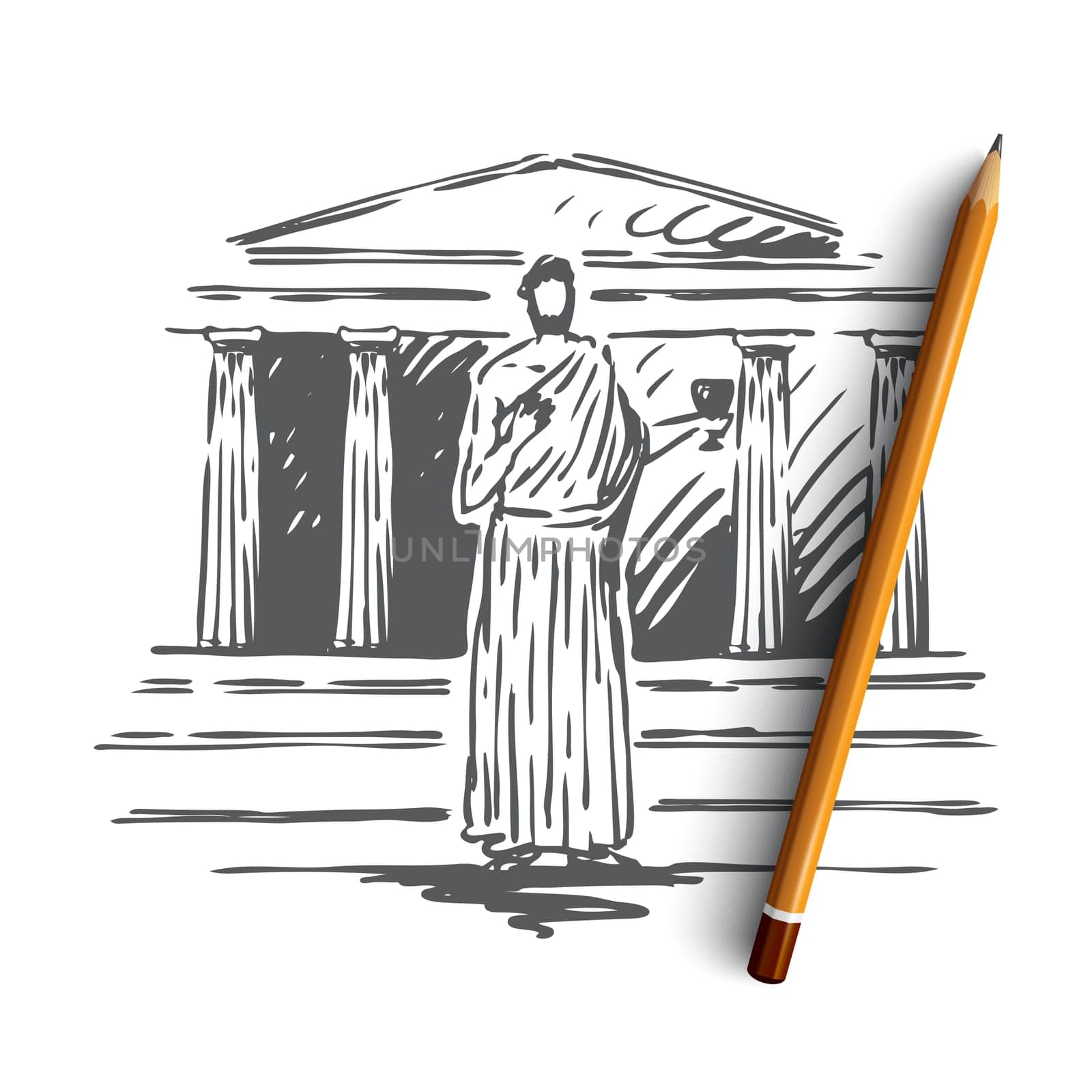 Greece, travel, temple, building, column concept. Hand drawn ancient architecture and antique god. Symbols of Greece concept sketch. Isolated vector illustration.
