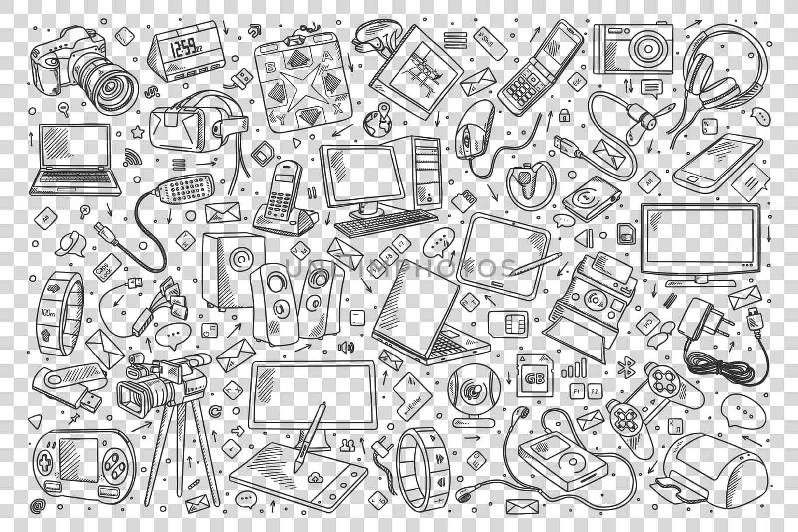 Gadgets doodle set. Collection of hand drawn sketches templates of different devices computers smartphones laptops notepads on trasparent background. Technological social media communication.