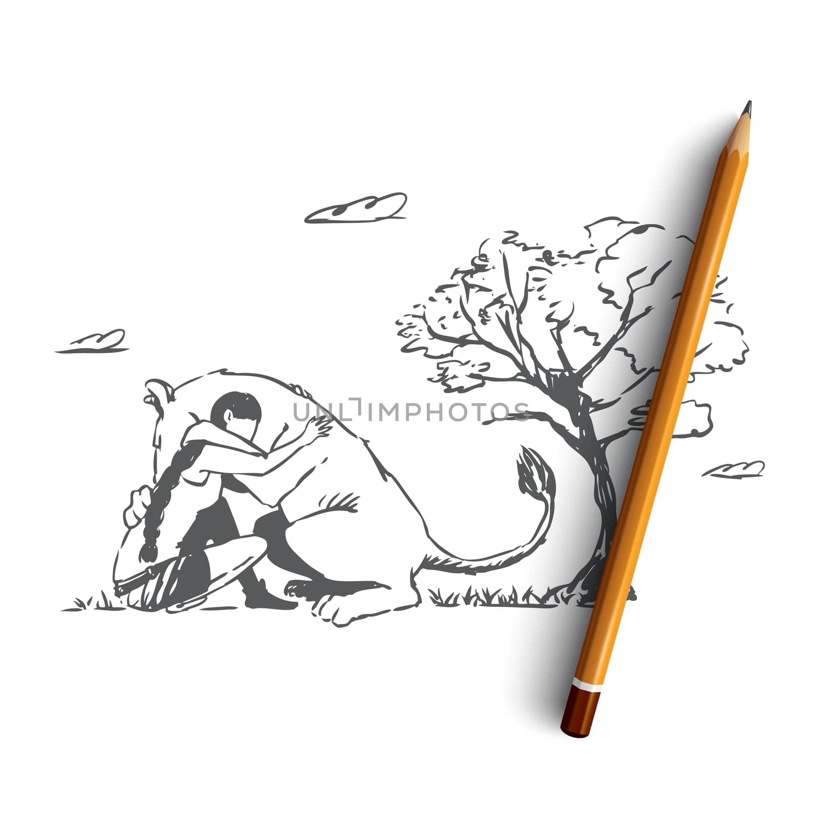 Animal, lion, wild, woman, save concept. Hand drawn wild lion hugs with woman. Wild animal rescue concept sketch. Isolated vector illustration.