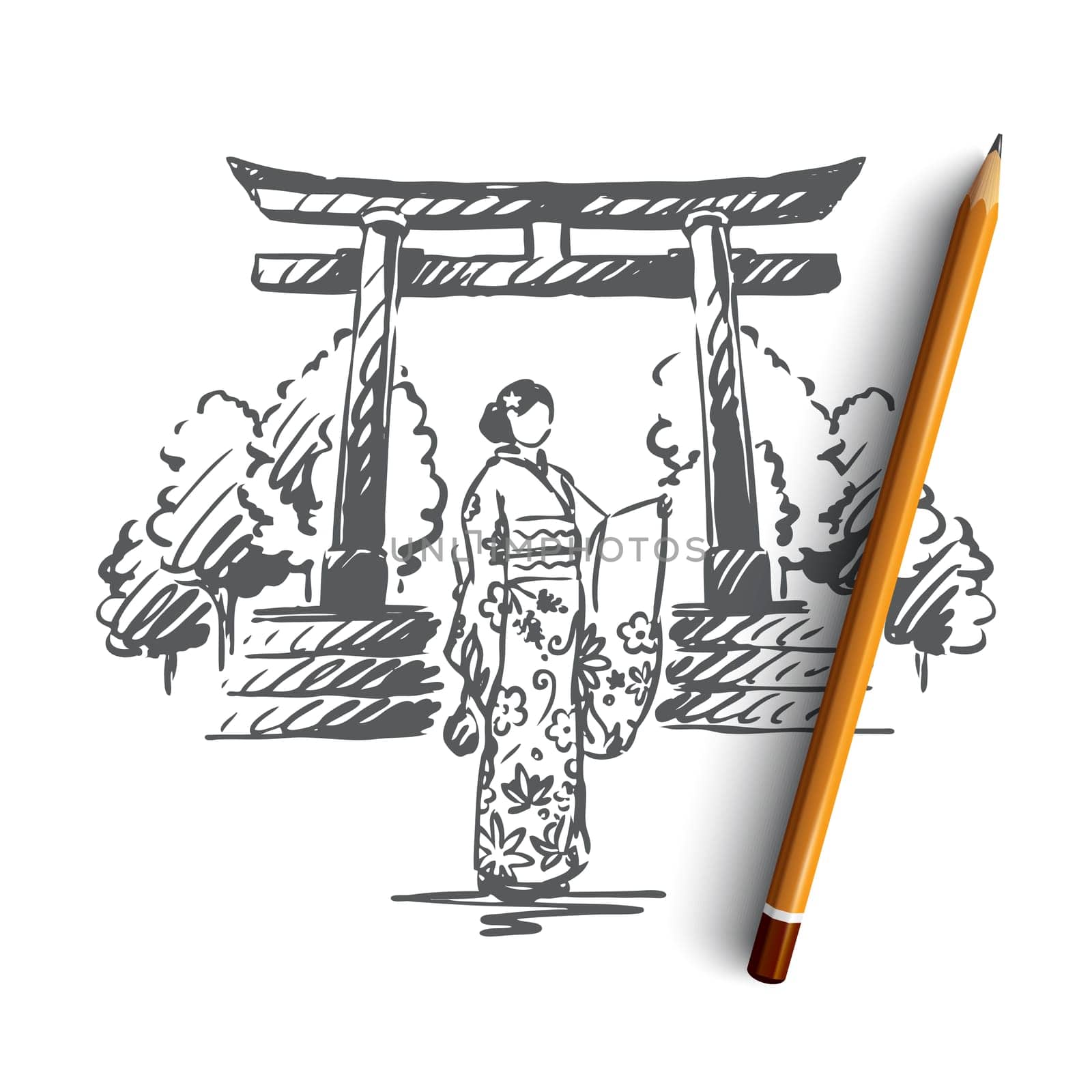 Japan, country, Sakura, traditional, Asia concept. Hand drawn Japanese architecture, woman in traditional dress concept sketch. Isolated vector illustration.