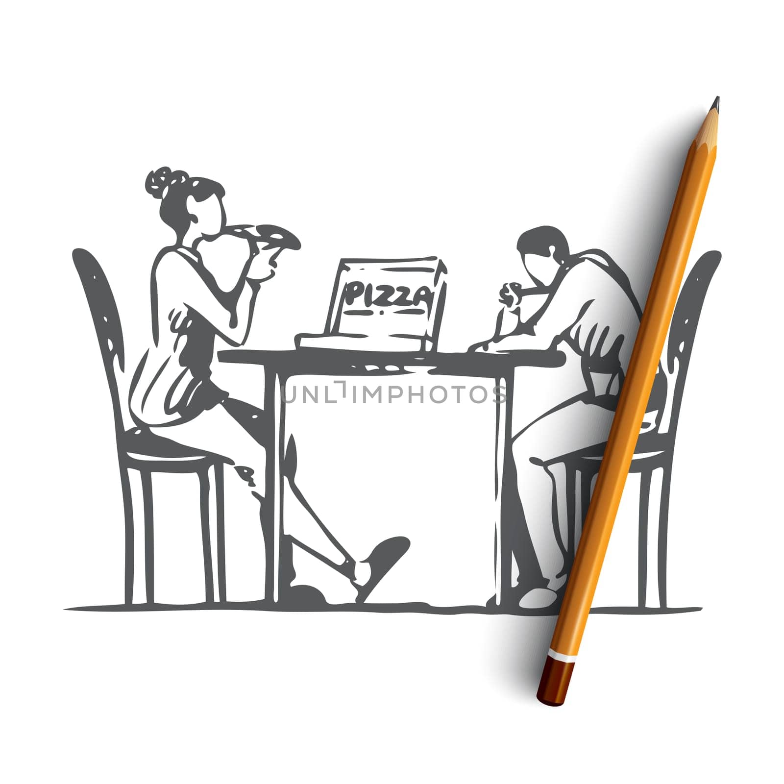 Pizza, cafe, couple, table, dating concept. Hand drawn man and woman eating pizza in cafe concept sketch. Isolated vector illustration.
