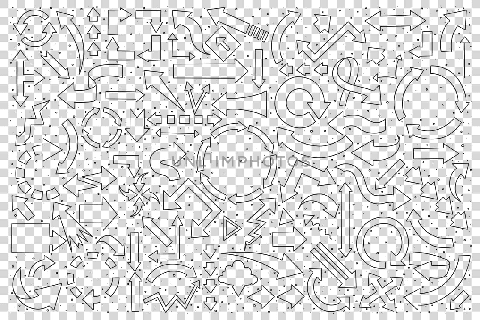 Set of hand drawn arrows. Doodle curved scattered sketches templates pointer lines direction arrowhead on transparent background. Round or twisted navigation symbol illustration.