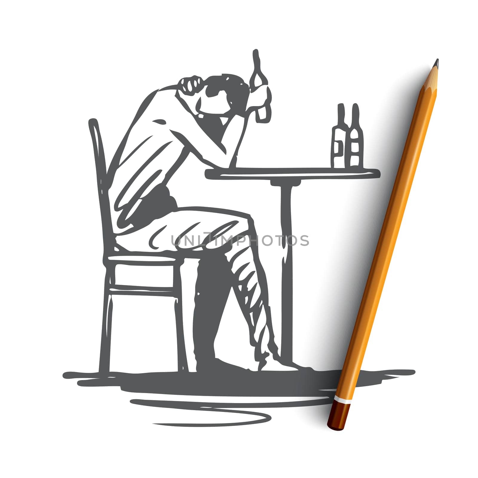 Depression, alcohol, problem, bottle, drink concept. Hand drawn man in depression drink alcohol concept sketch. Isolated vector illustration.