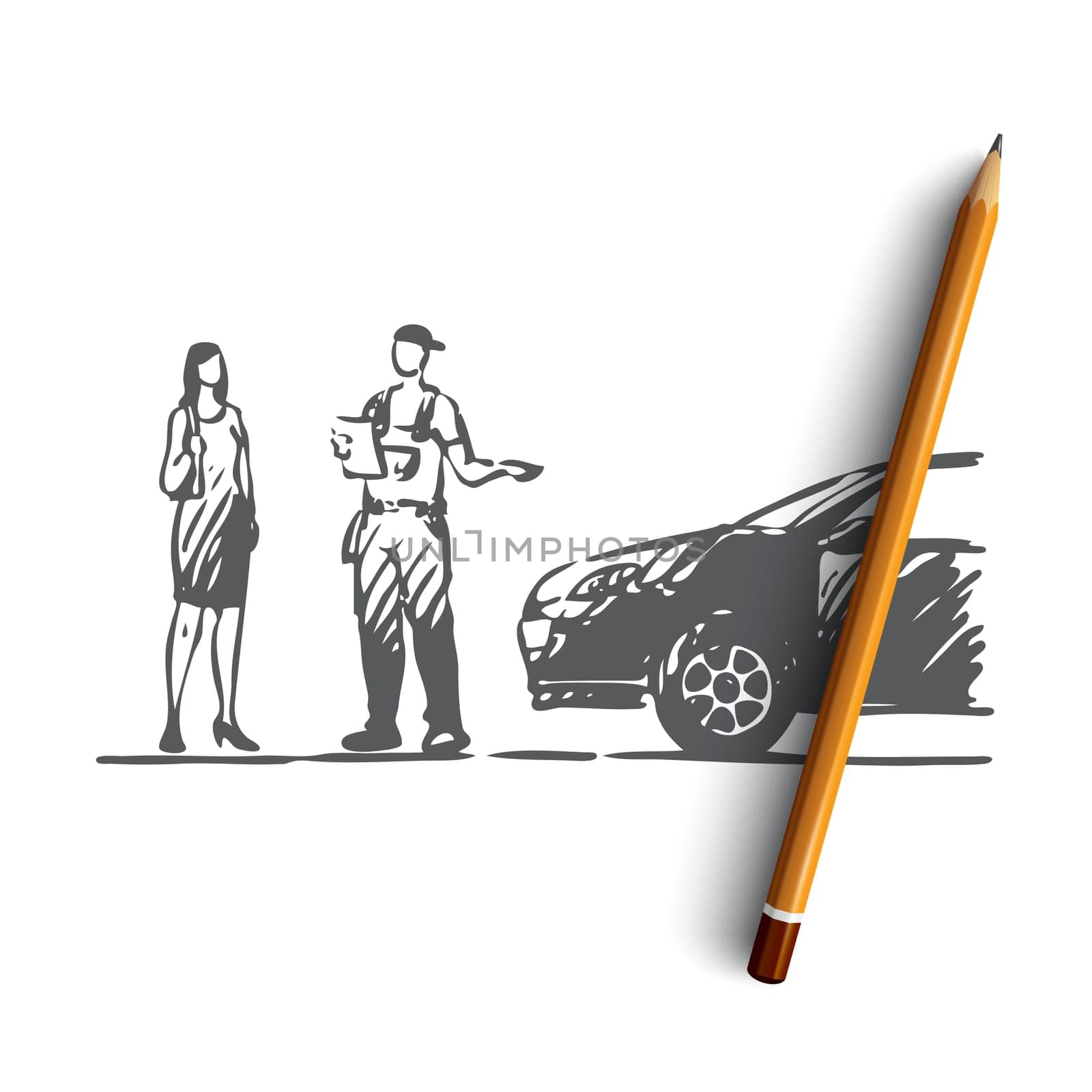 Ordering, delivery, car, service, man concept. Hand drawn man from delivery service and female customer concept sketch. Isolated vector illustration.