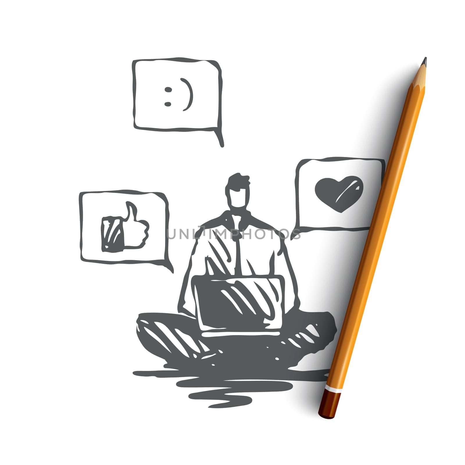Opinion, social networks, rate, communication concept. Hand drawn man with laptop notice feedback in social networks concept sketch. Isolated vector illustration.