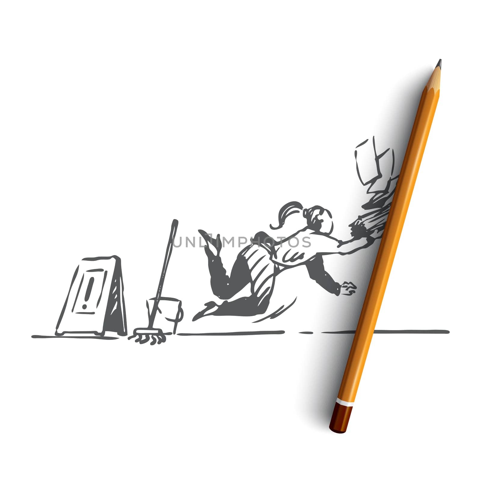 Floor, wet, caution, woman, slippery concept. Hand drawn female office worker fell on the slippery floor concept sketch. Isolated vector illustration.