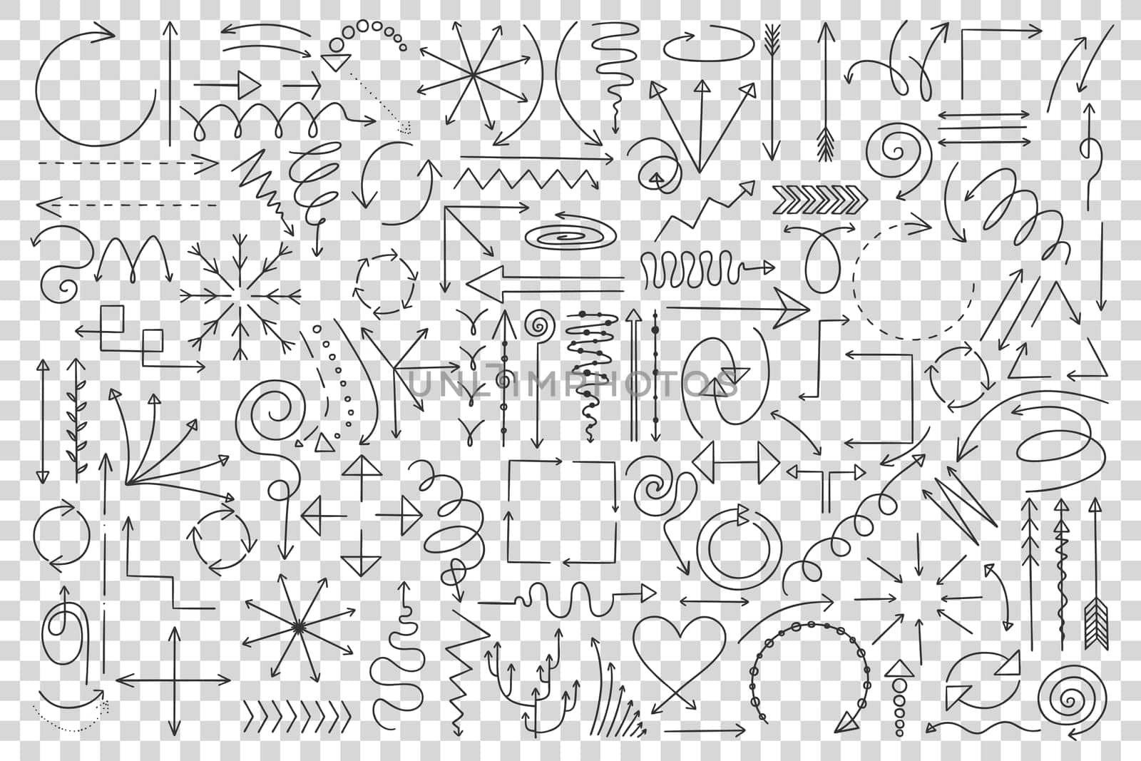 Arrows doodle set. Collection of hand drawn curved scattered sketches drawings templates pointer lines direction arrowhead on transparent background. Round or twisted navigation symbol illustration.