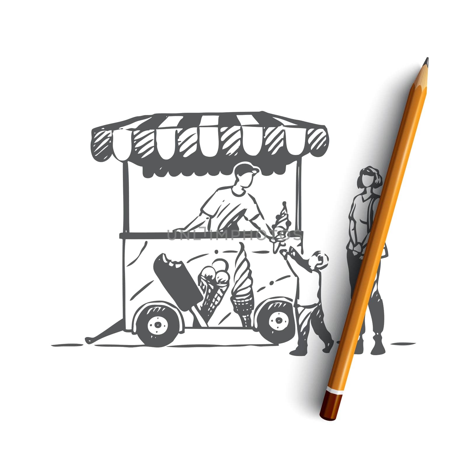 Ice cream, car, child, truck, sweet concept. Hand drawn truck with ice cream. Child eating ice cream concept sketch. Isolated vector illustration.