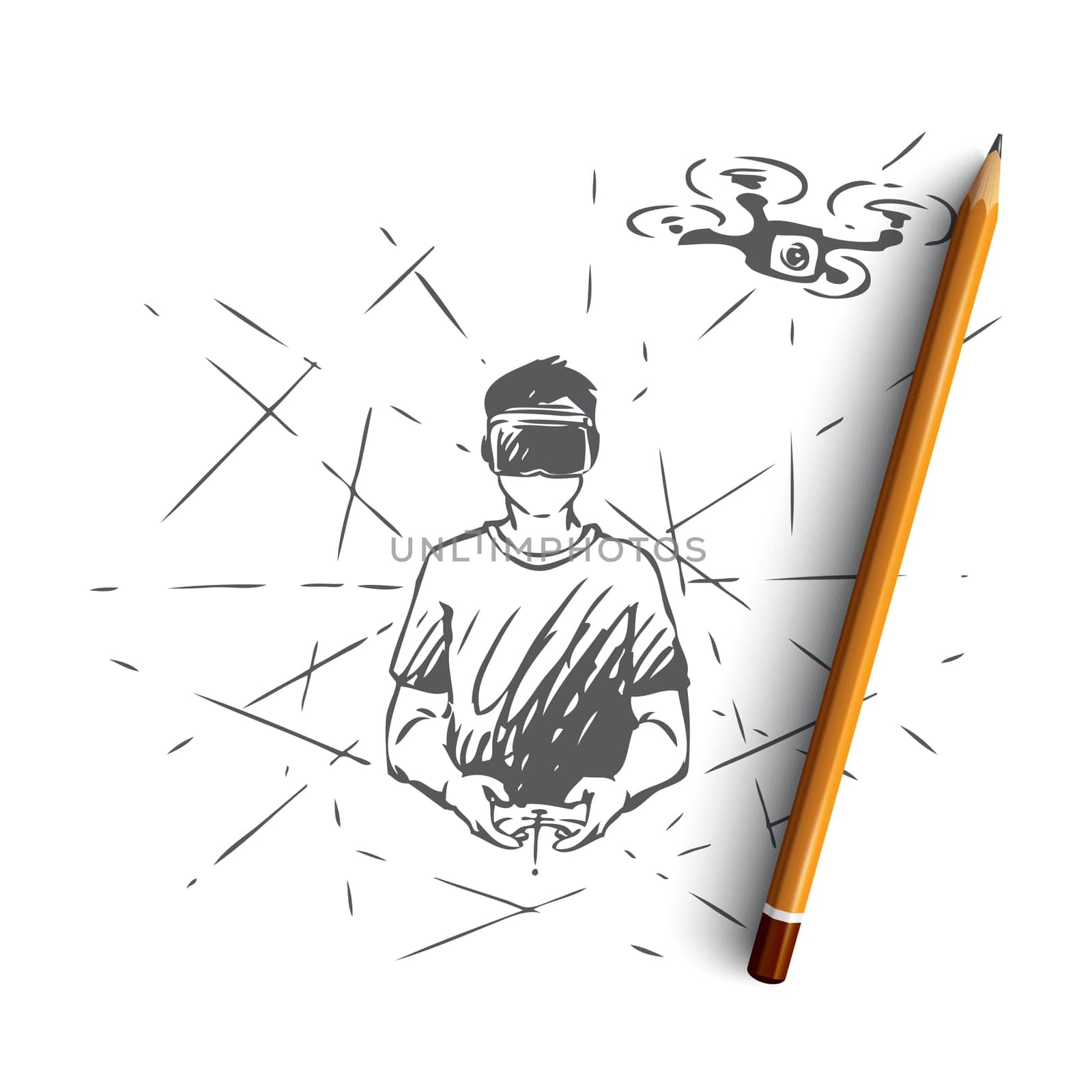 Remote, control, drone, fly, man concept. Hand drawn man in glasses using remote control for drone concept sketch. Isolated vector illustration.