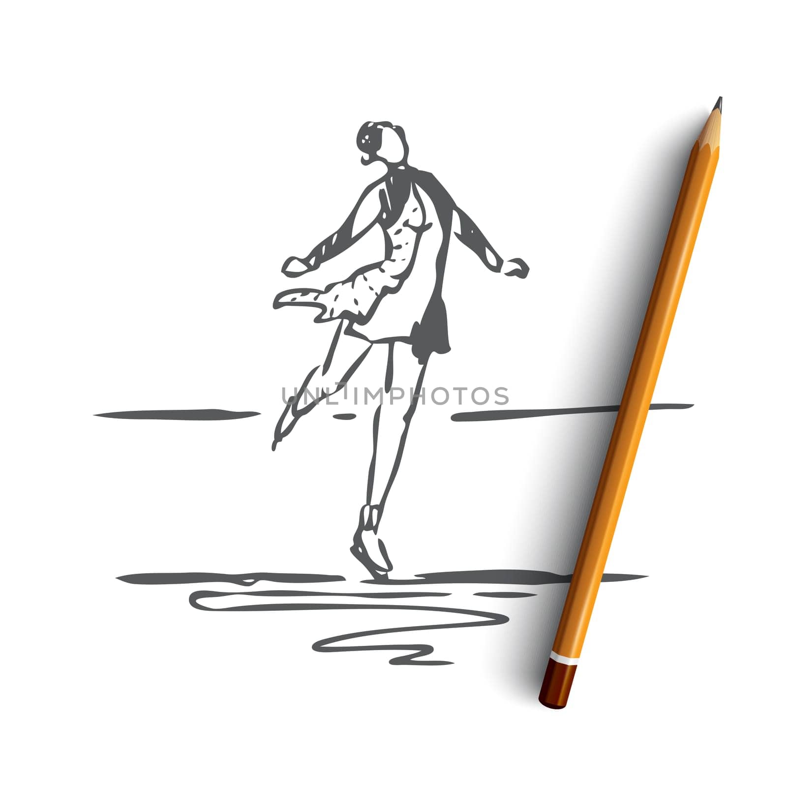 Skate, winter, woman, sport, ice concept. Hand drawn woman skating on ice rink. Winter activity concept sketch. Isolated vector illustration.
