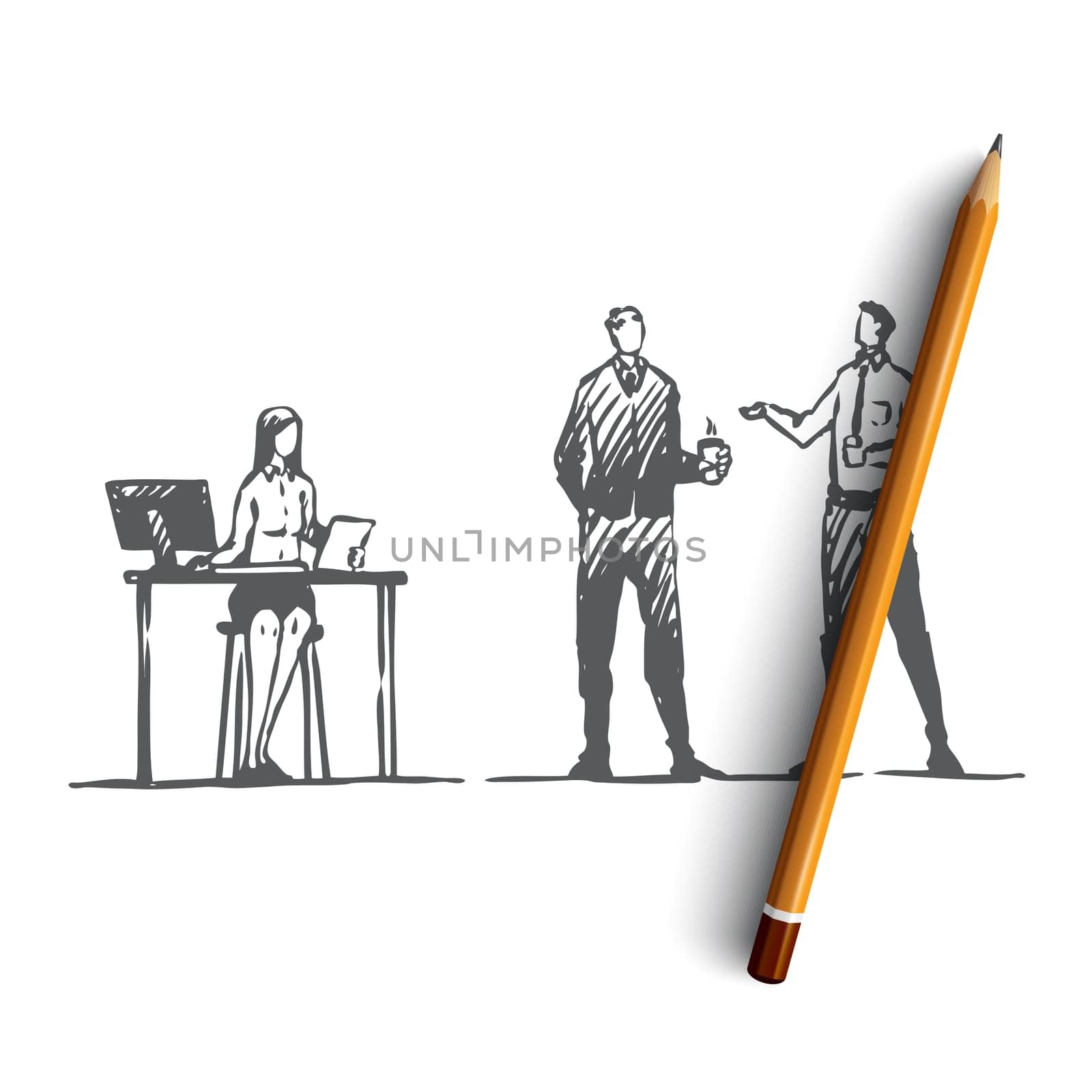 Business, office, people, teamwork, brainstorm concept. Hand drawn business colleagues discussing work items concept sketch. Isolated vector illustration.