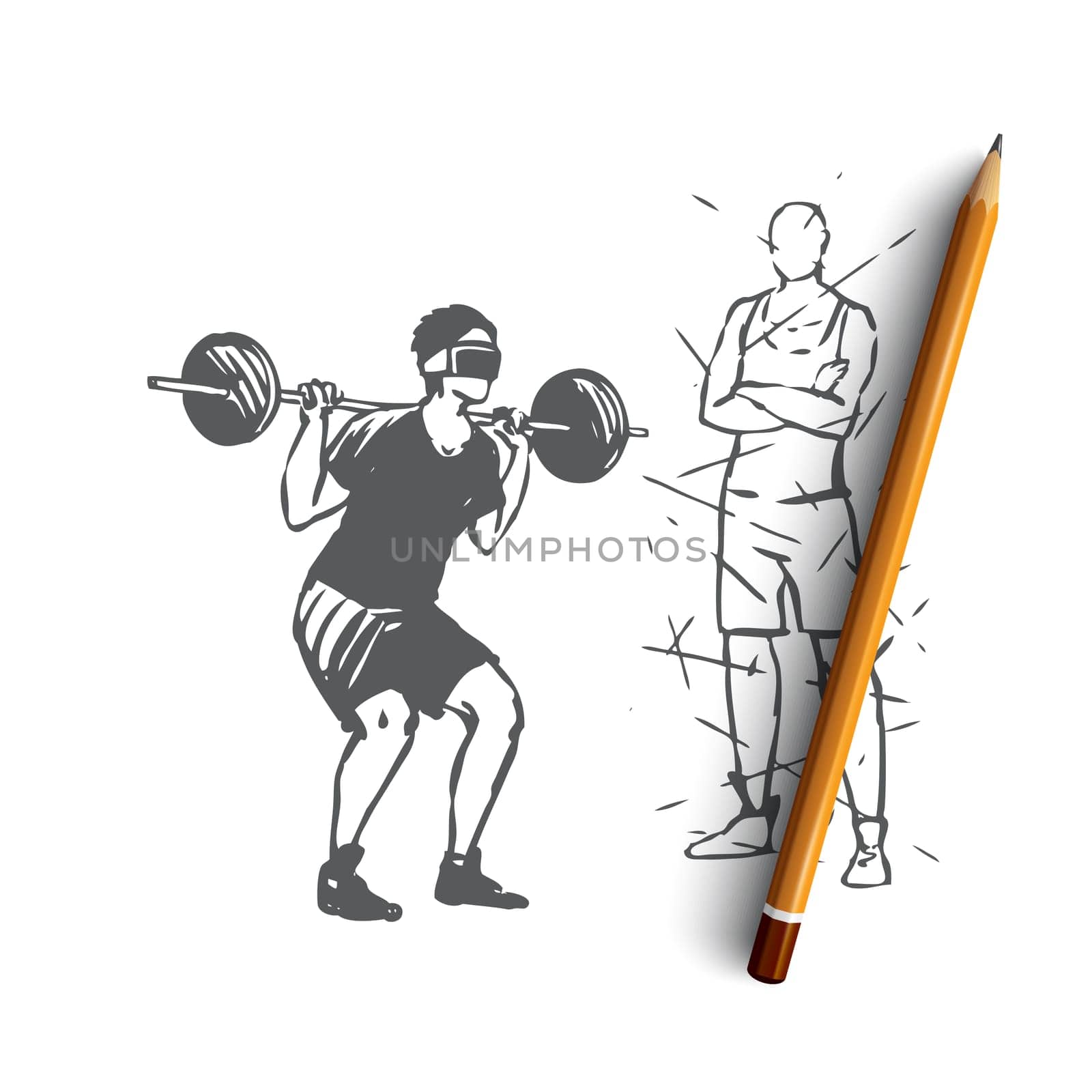 Home, gym, barbell, exercise, man, sport concept. Hand drawn man training at home with barbell and glasses concept sketch. Isolated vector illustration.