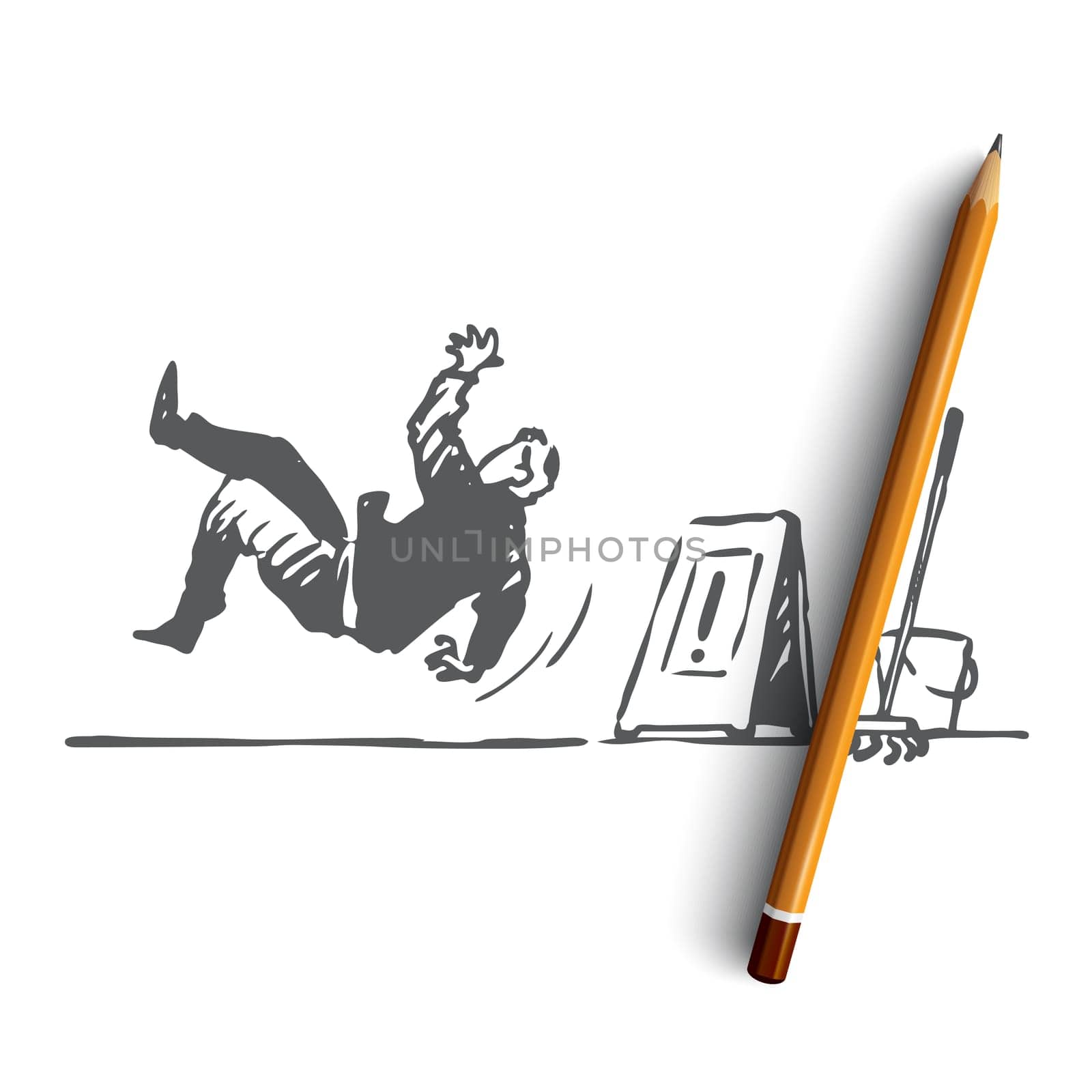 Floor, wet, caution, sign, slippery concept. Hand drawn man fell on the slippery floor concept sketch. Isolated vector illustration.