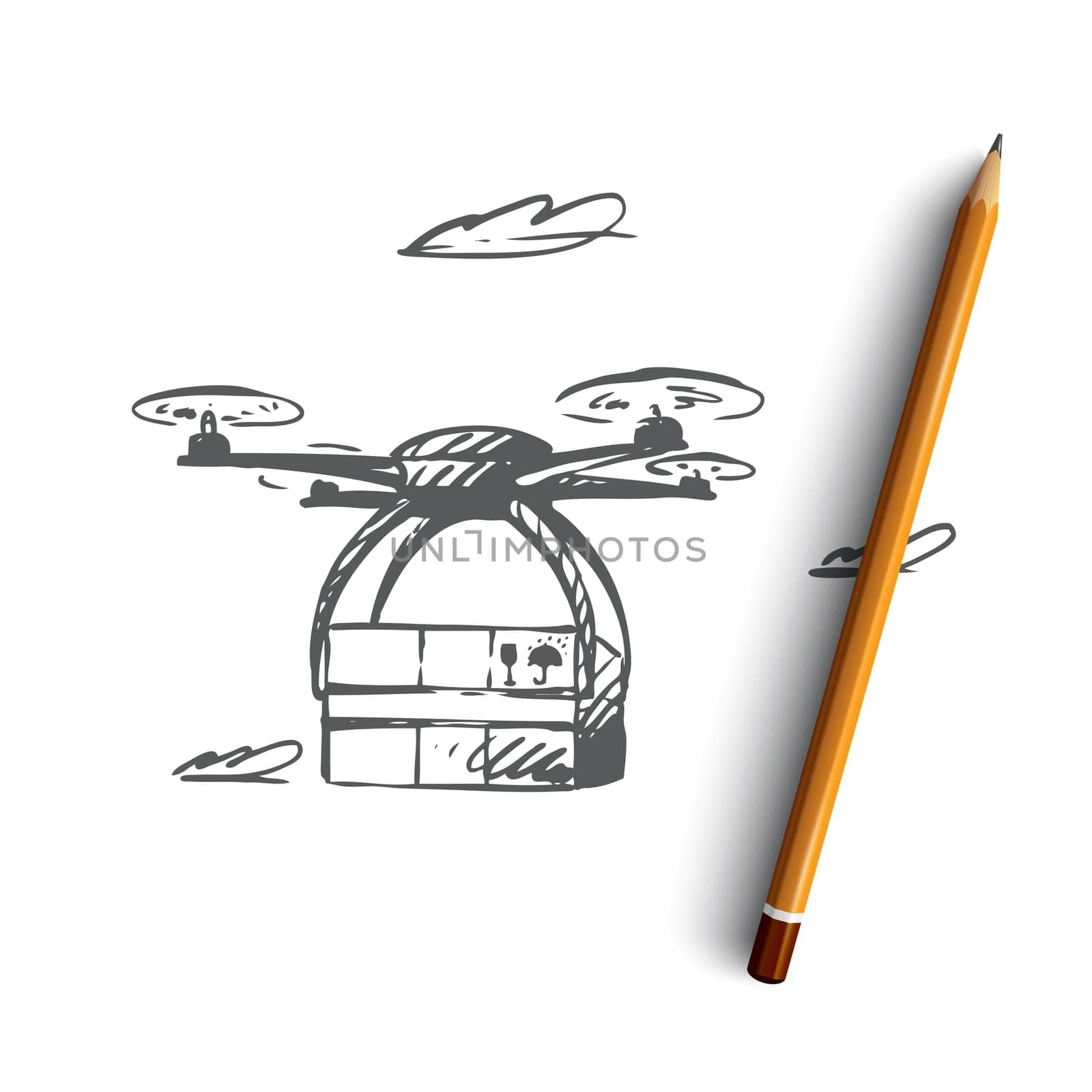 Drone, delivery, box, technology, transportation concept. Hand drawn transportation package with drone concept sketch. Isolated vector illustration.