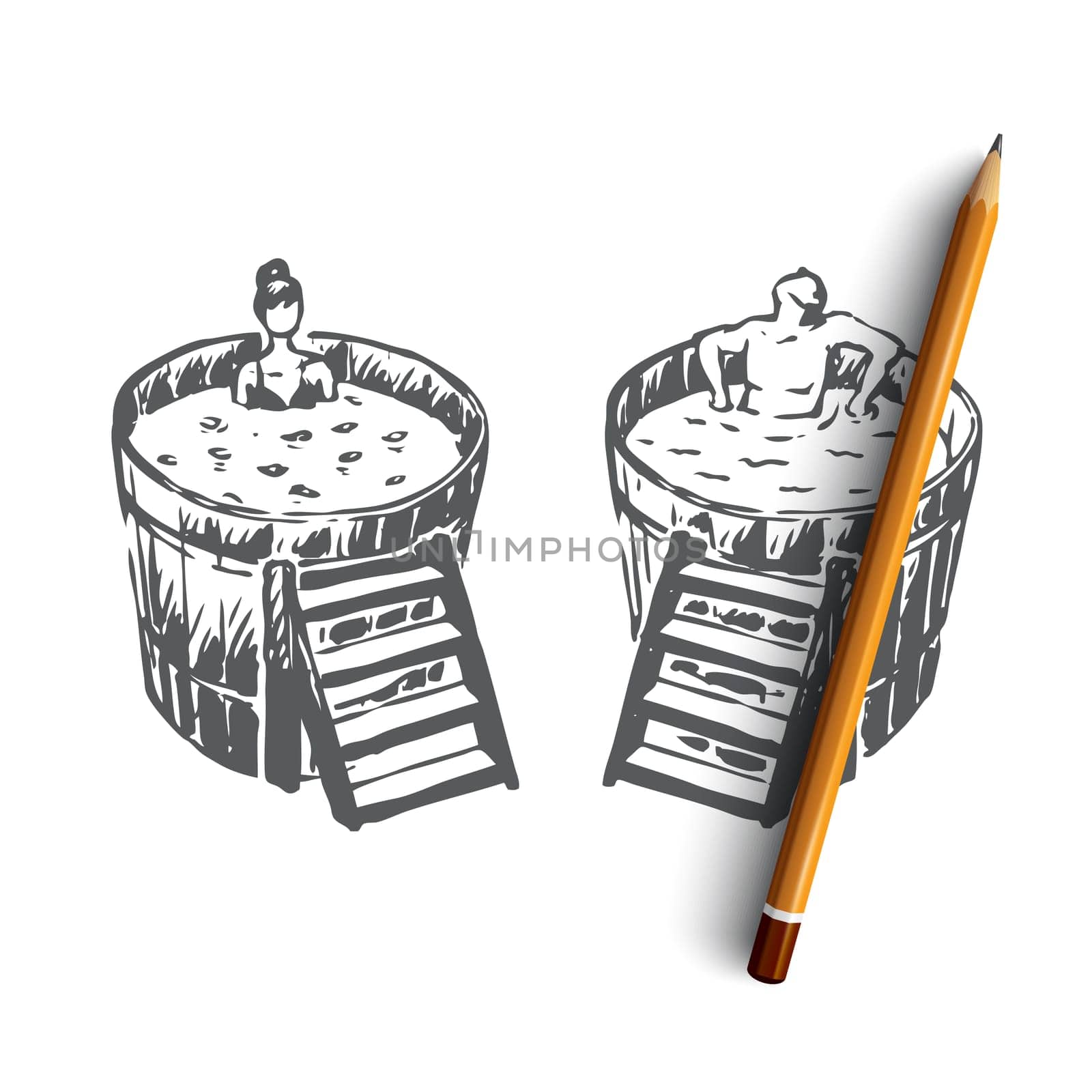 Japanese, bath, spa, people, relax concept. Hand drawn people relax in Japanese bath concept sketch. Isolated vector illustration.