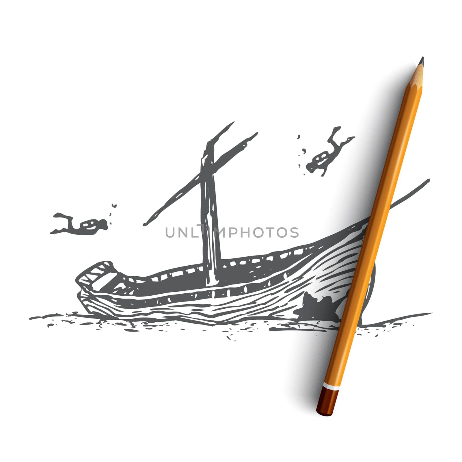 Underwater, boat, seabed, ship, diving concept. Hand drawn sunken ship on the seabed concept sketch. Isolated vector illustration.