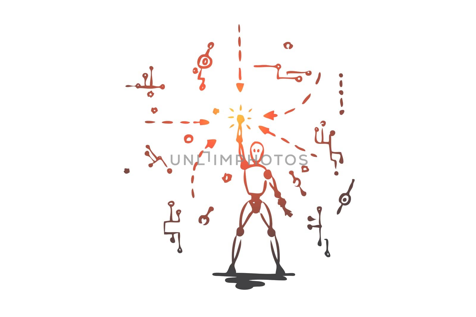 Robot, technology, data, android, digital concept. Hand drawn android robot and data scheme concept sketch. Isolated vector illustration.