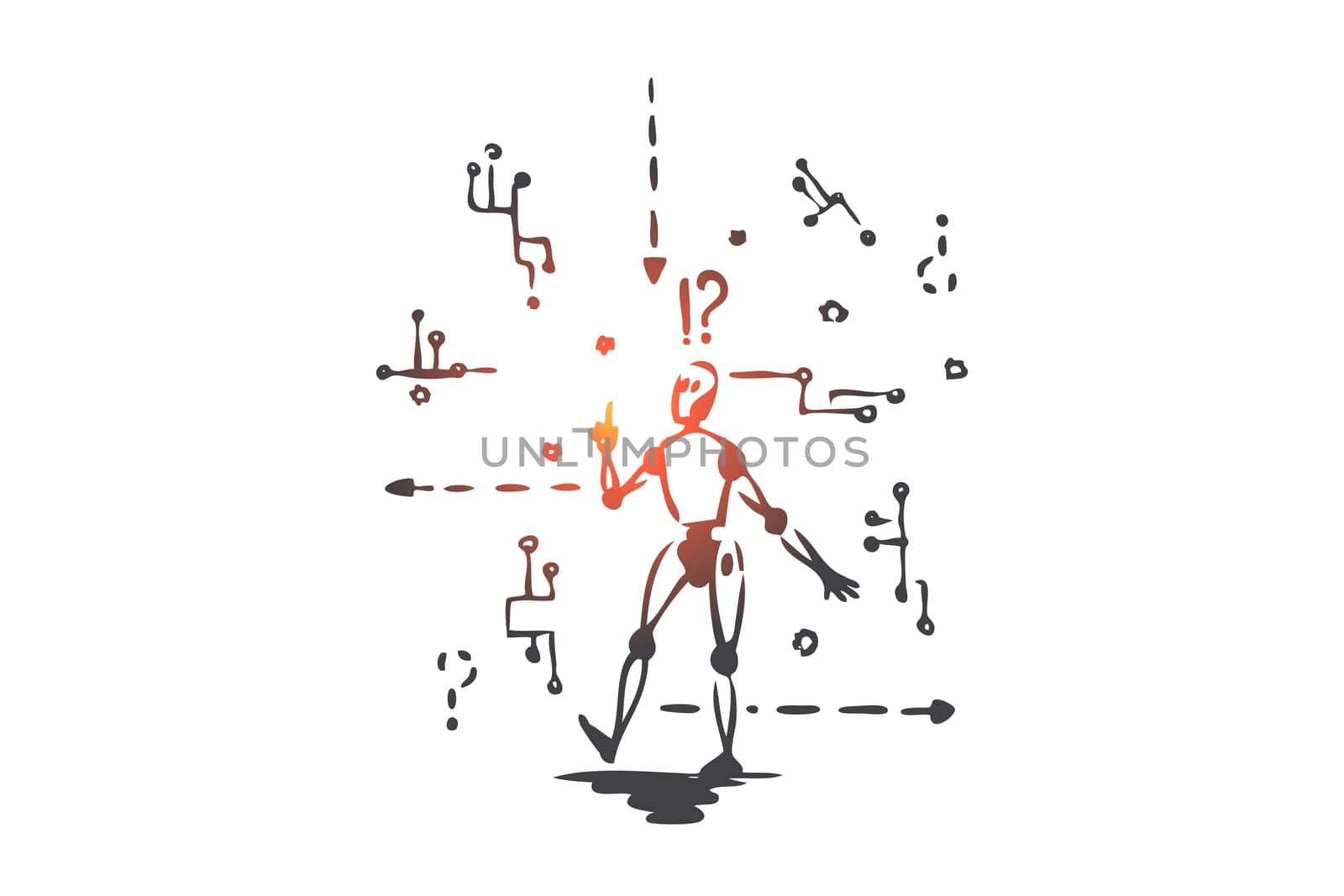 Robot, machine, scheme, microchip, android concept. Hand drawn robot and android scheme concept sketch. Isolated vector illustration.
