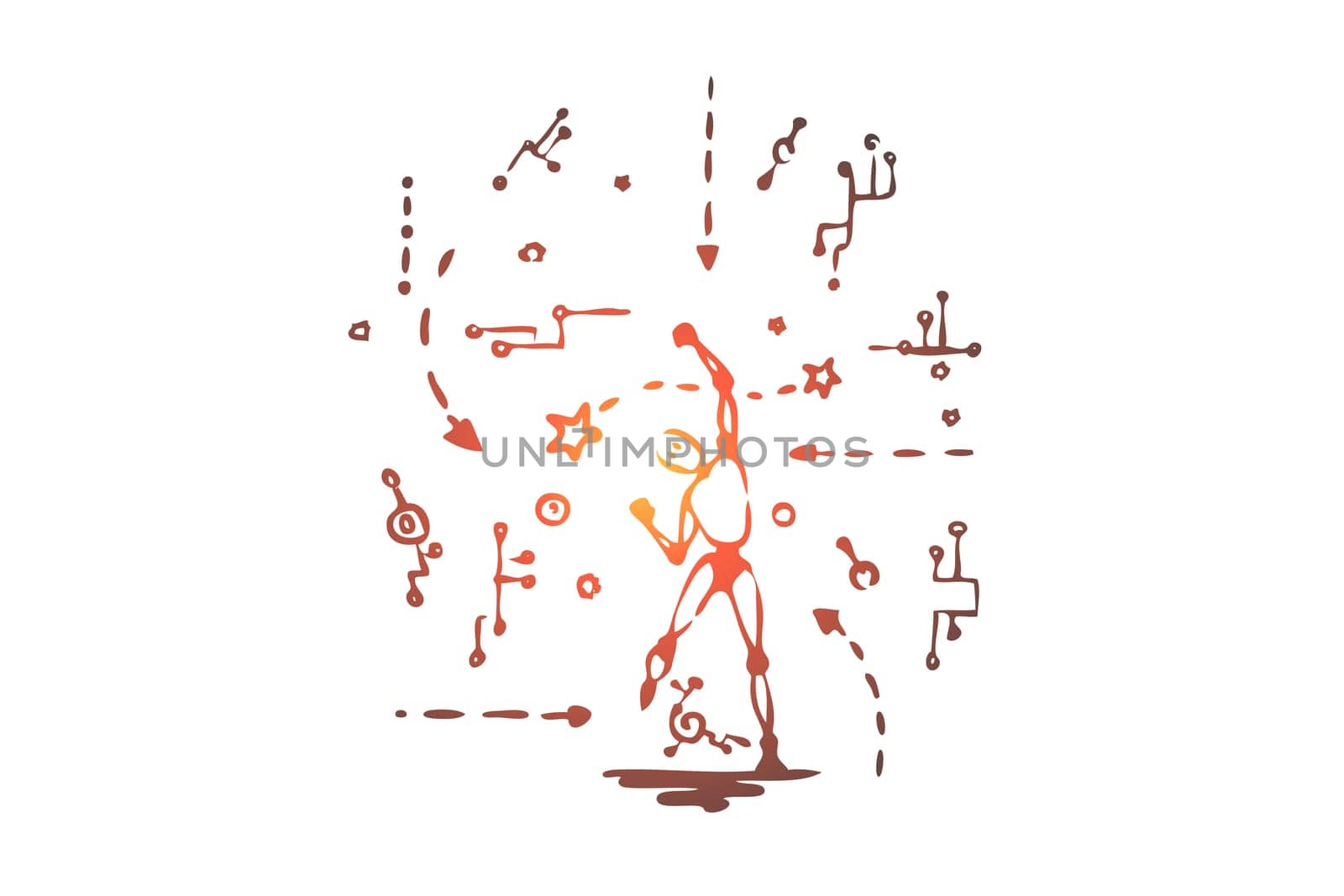 Innovation, technology, robot, scheme, android concept. Hand drawn robot with data symbols. Robot jump concept sketch. Isolated vector illustration.