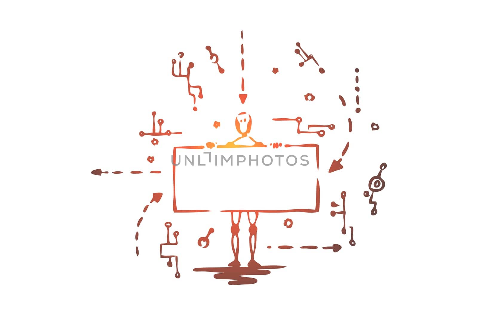 Technology, robot, scheme, android, data concept. Hand drawn robot with screen and adroid scheme concept sketch. Isolated vector illustration.