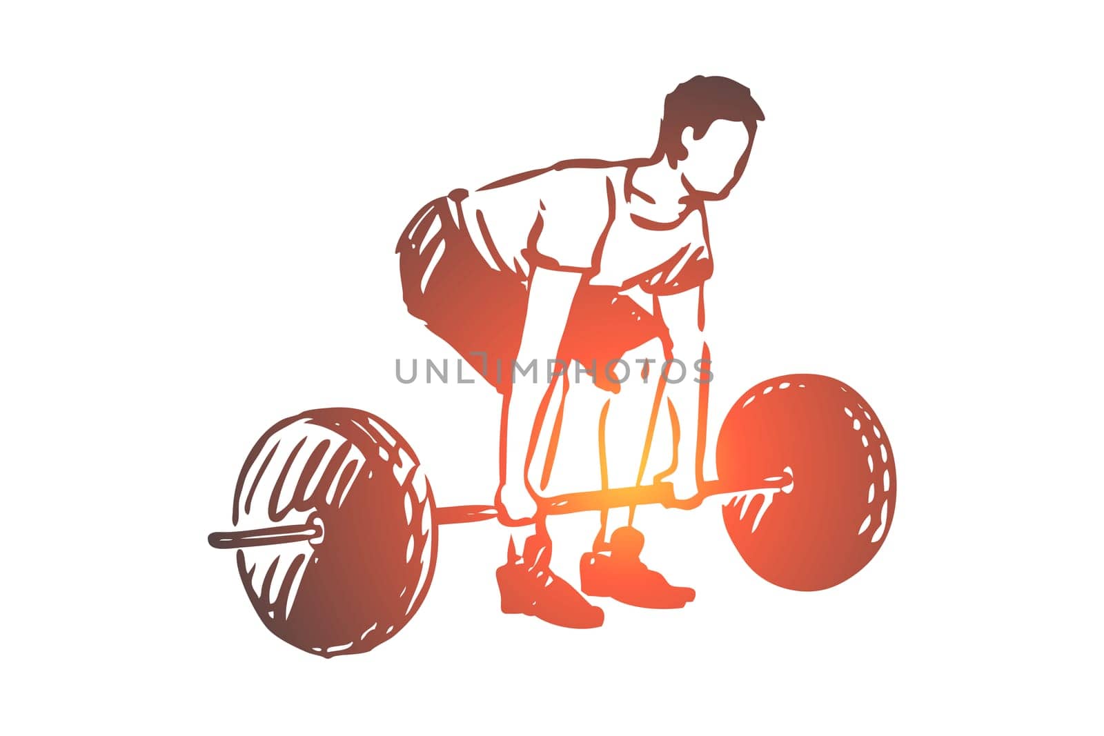 Gym, barbell, fitness, man, workout concept. Hand drawn sportive man workout in gym concept sketch. Isolated vector illustration.