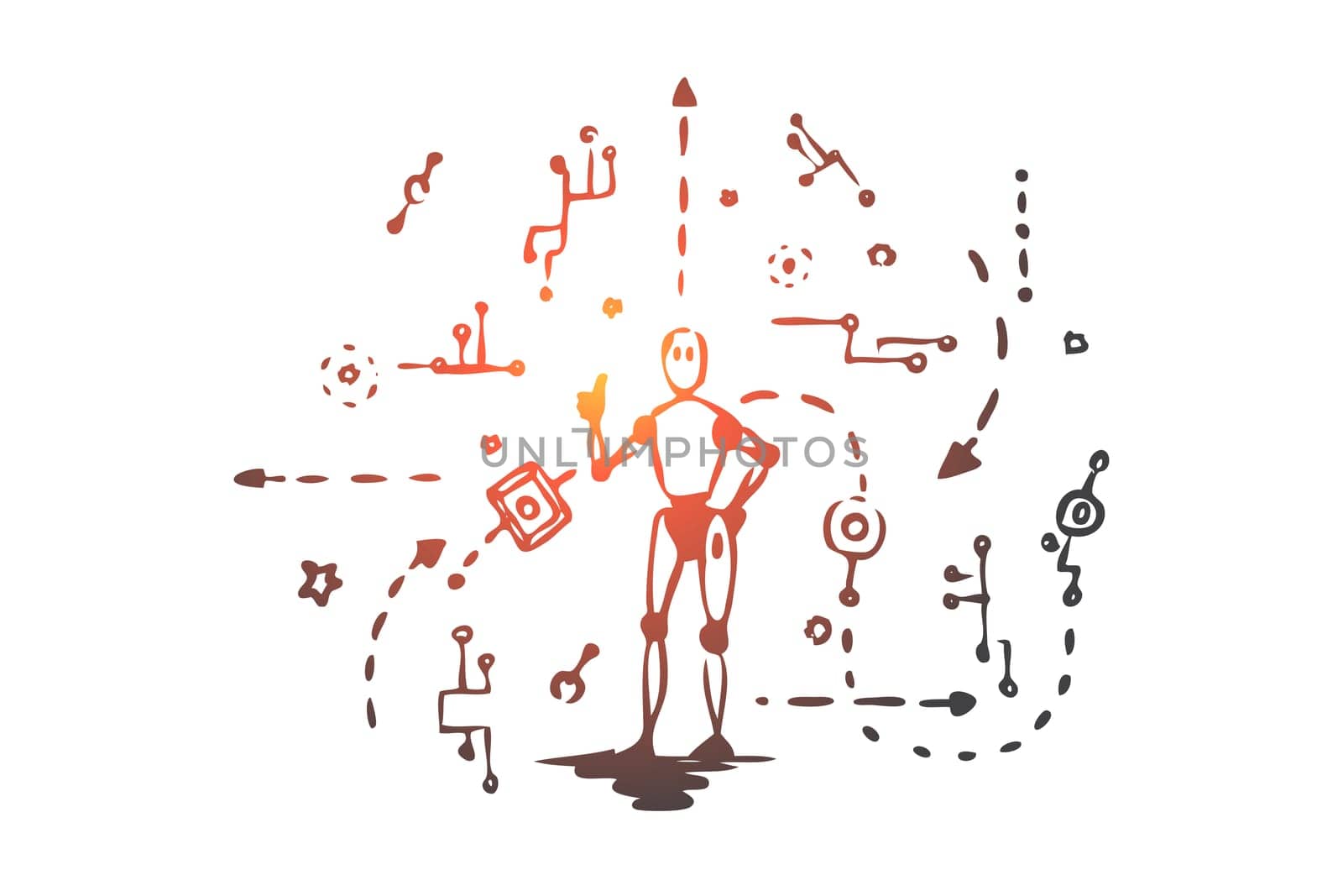Scheme, machine, robot, technology, android concept. Hand drawn electronic machine and android scheme concept sketch. Isolated vector illustration.