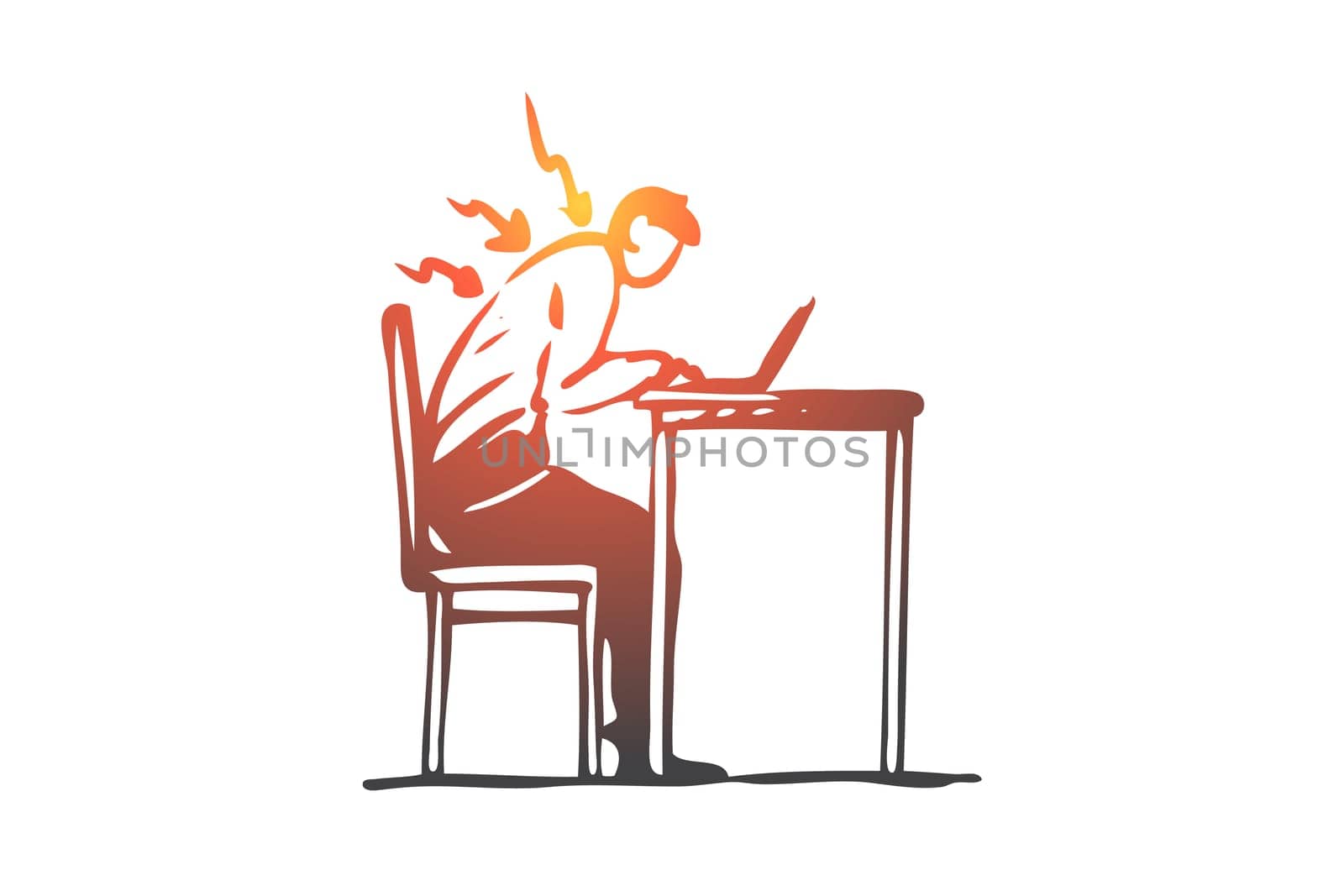 Posture, bad, spine, sit, table, wrong concept. Hand drawn man works at the computer in wrong posture concept sketch. Isolated vector illustration.