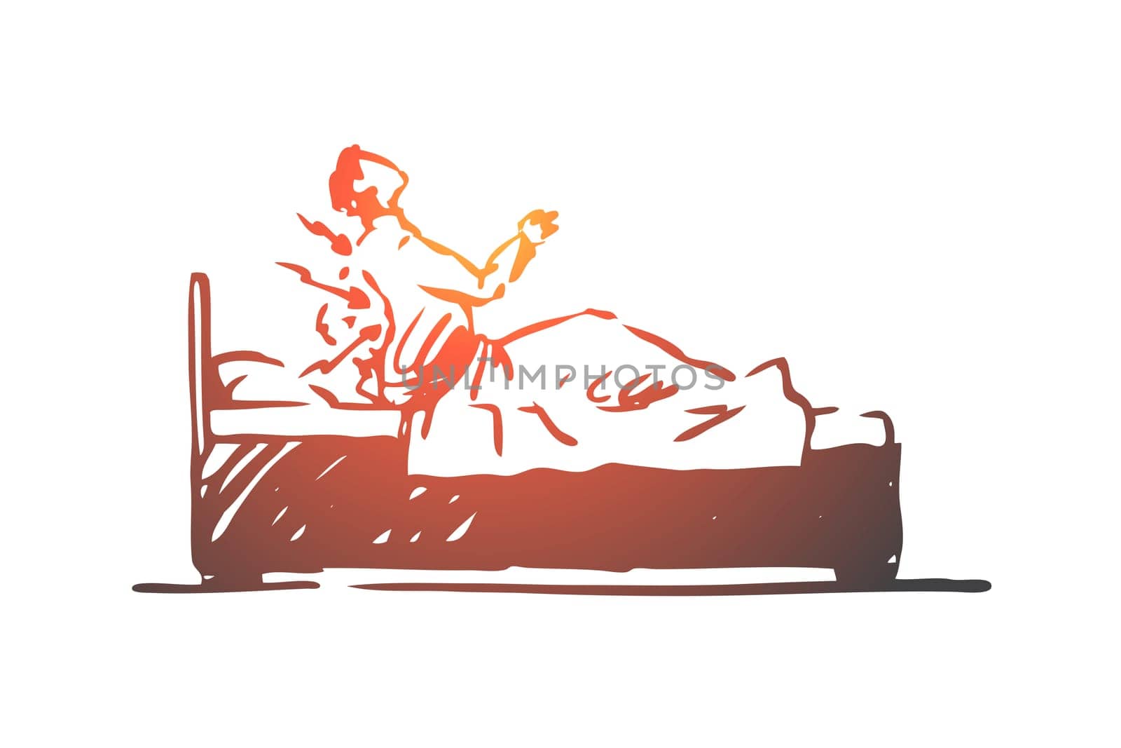 Posture, bad, spine, bed, health concept. Hand drawn man with backache lying in bed concept sketch. Isolated vector illustration.