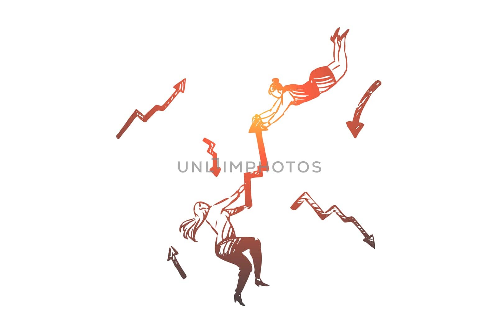 Business, arrow, woman, rivalry, success, contest concept. Hand drawn businesswomen hold an arrow concept sketch. Isolated vector illustration.