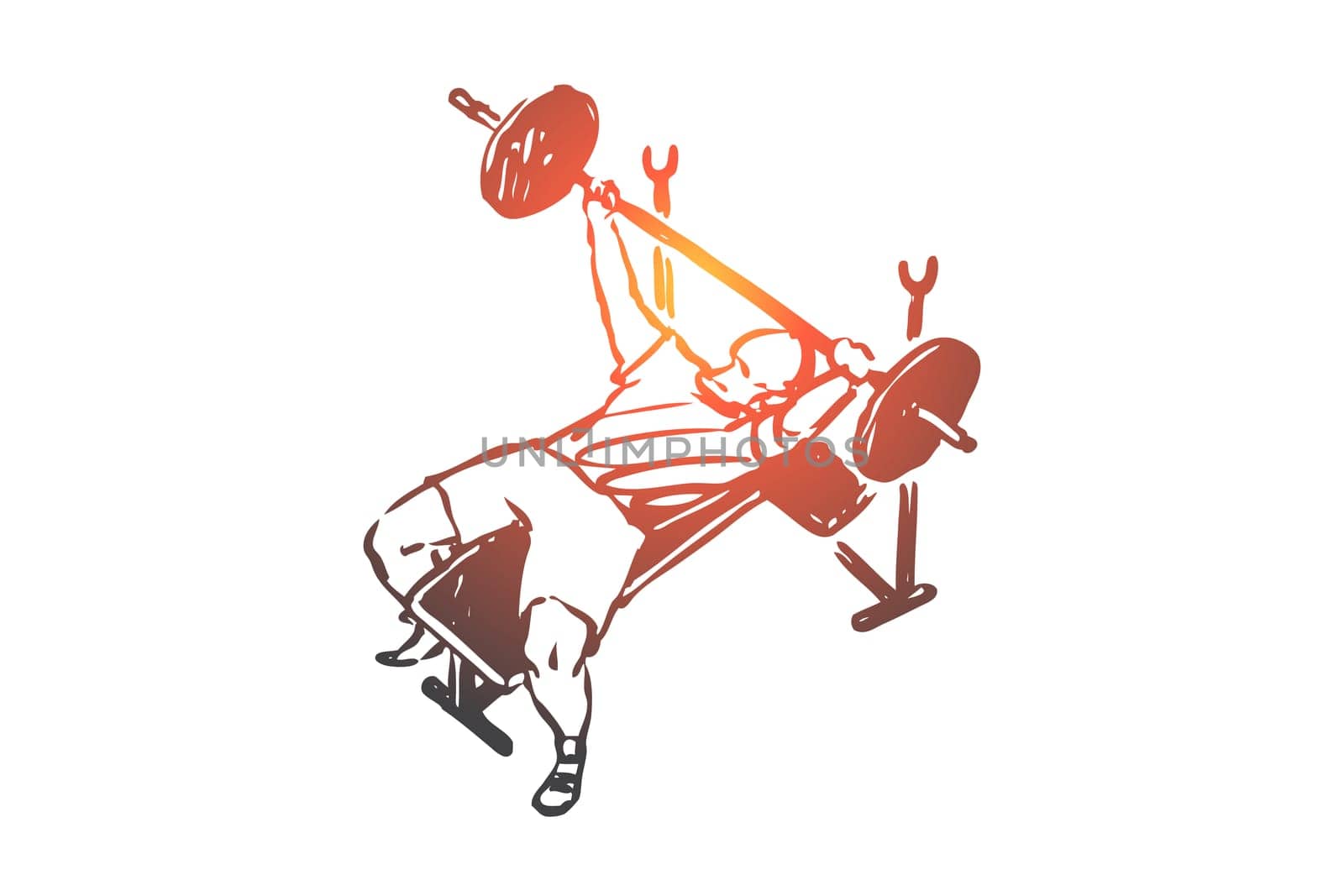 Gym, barbell, strong, man, health concept. Hand drawn man doing exercises with barbell in gym concept sketch. Isolated vector illustration.