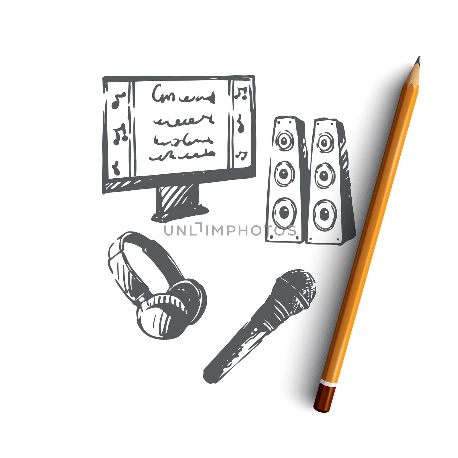 Karaoke, accessories, music, microphone, earphone concept. Hand drawn equipment for karaoke entertainment concept sketch. Isolated vector illustration.