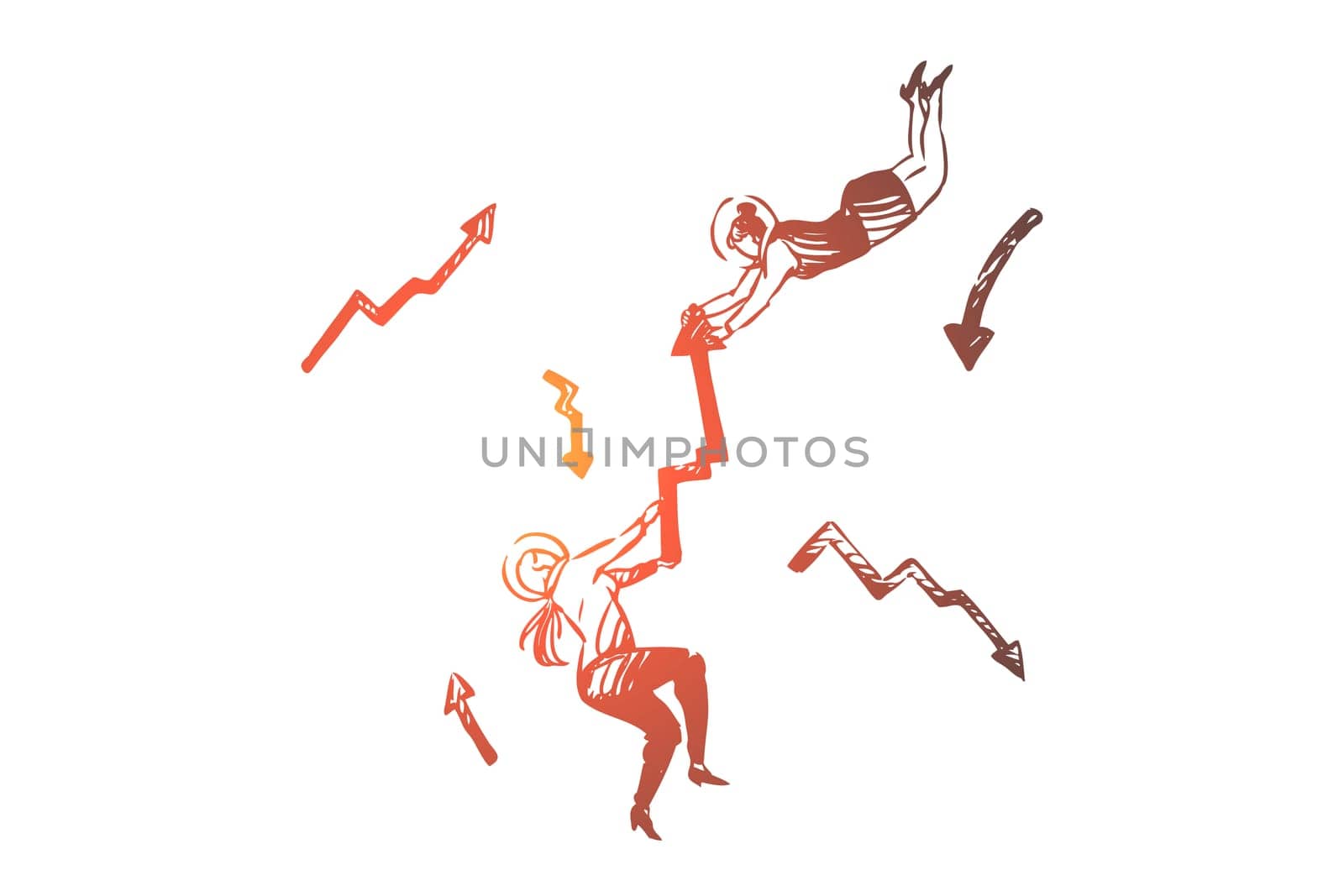 Business, space, suit, arrow, women, fly concept. Hand drawn businesswomen flying in space suit holding arrow concept sketch. Isolated vector illustration.