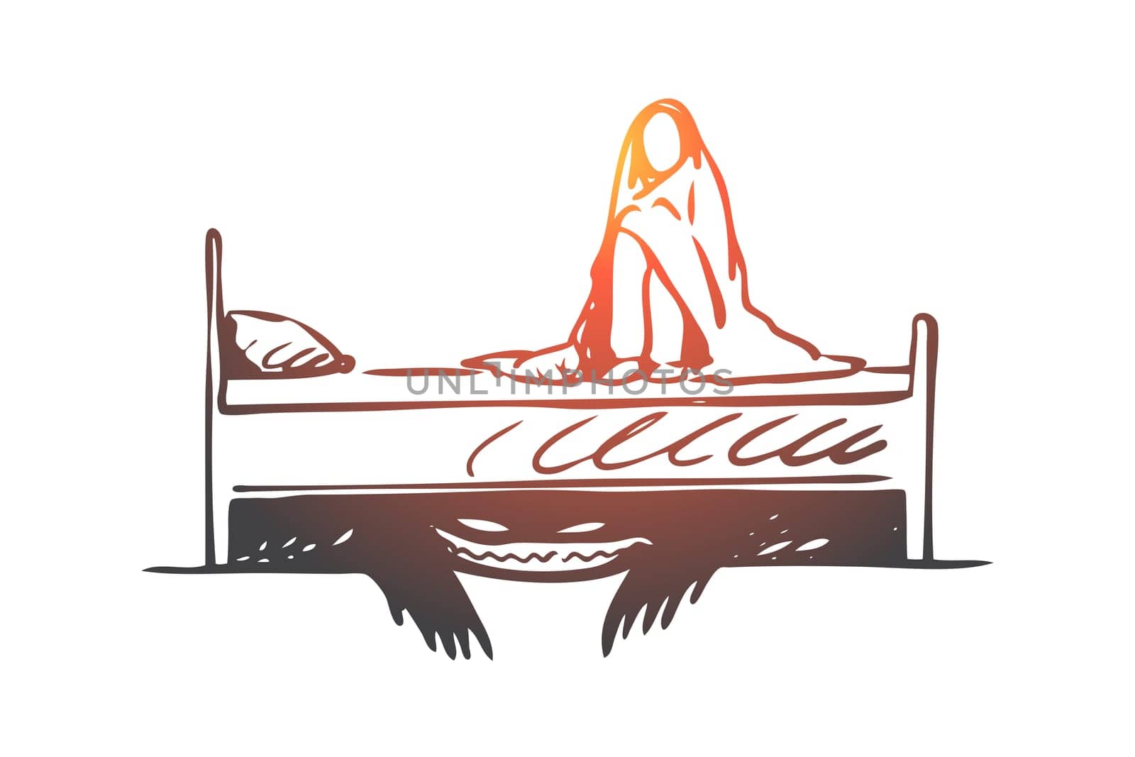 Bed, monster, child, horror, scary concept. Hand drawn scared baby sitting on the bed, afraid of the monster concept sketch. Isolated vector illustration.