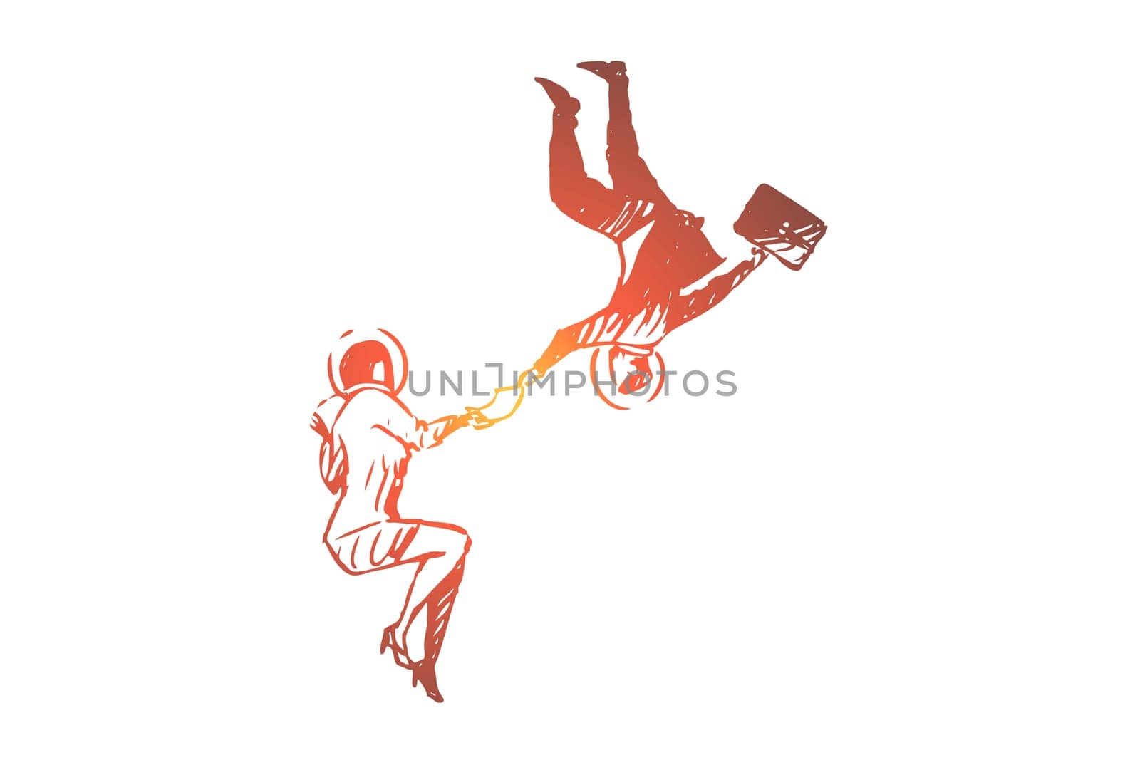 Business, space, suit, women, man, fly concept. Hand drawn business people flying in space suit concept sketch. Isolated vector illustration.